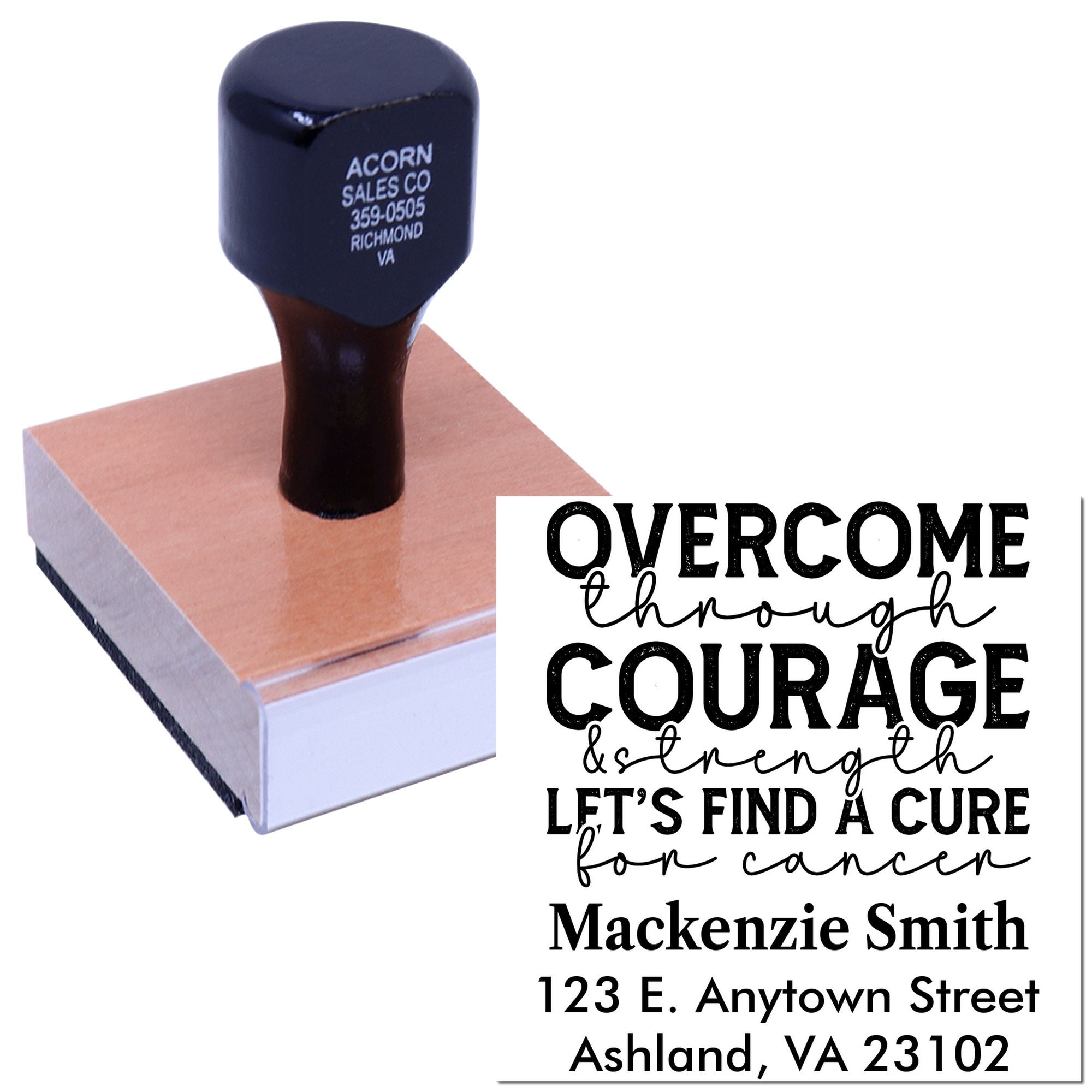 Custom rubber stamp design with cancer awareness message, name, and return address for fundraising use.