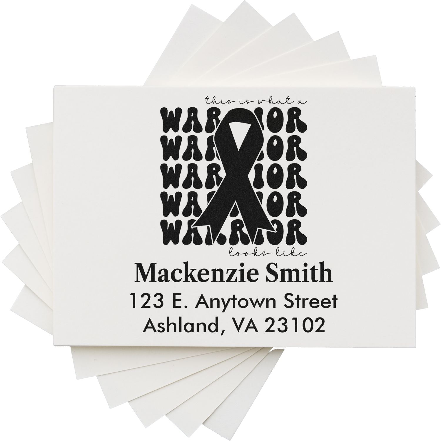 Personalized custom rubber stamp with warrior ribbon design and return address for cancer awareness mailings.