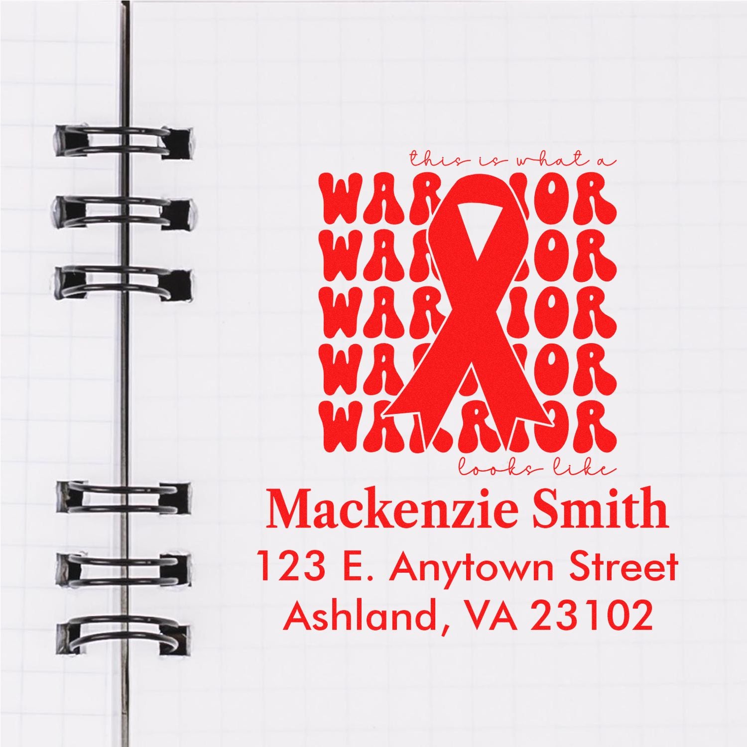 Custom breast cancer awareness rubber stamp with red ribbon and warrior message for Mackenzie Smith, Ashland, VA.