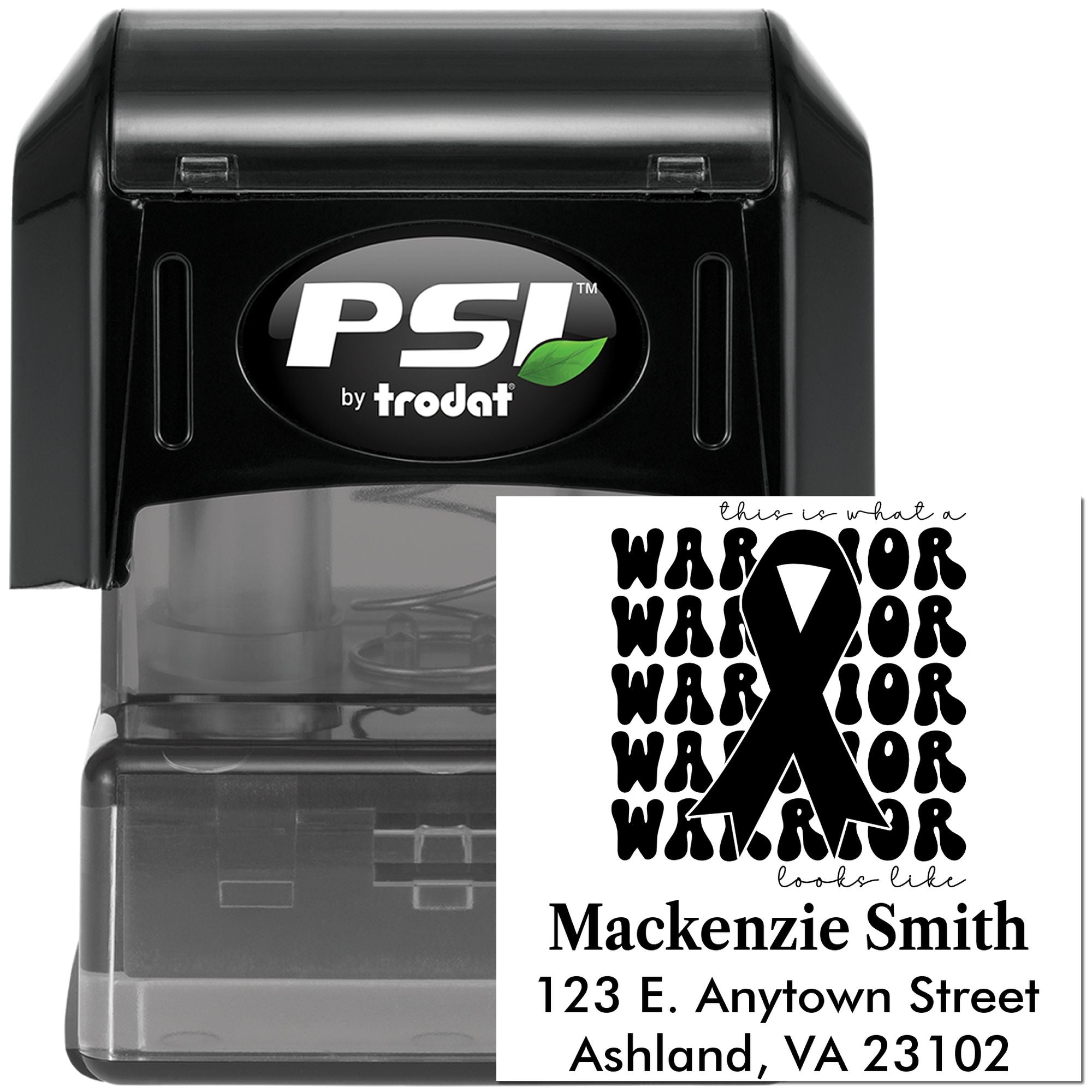 Custom memorial cancer awareness address stamp, PSI by Trodat self-inking rubber stamp with warrior ribbon design.