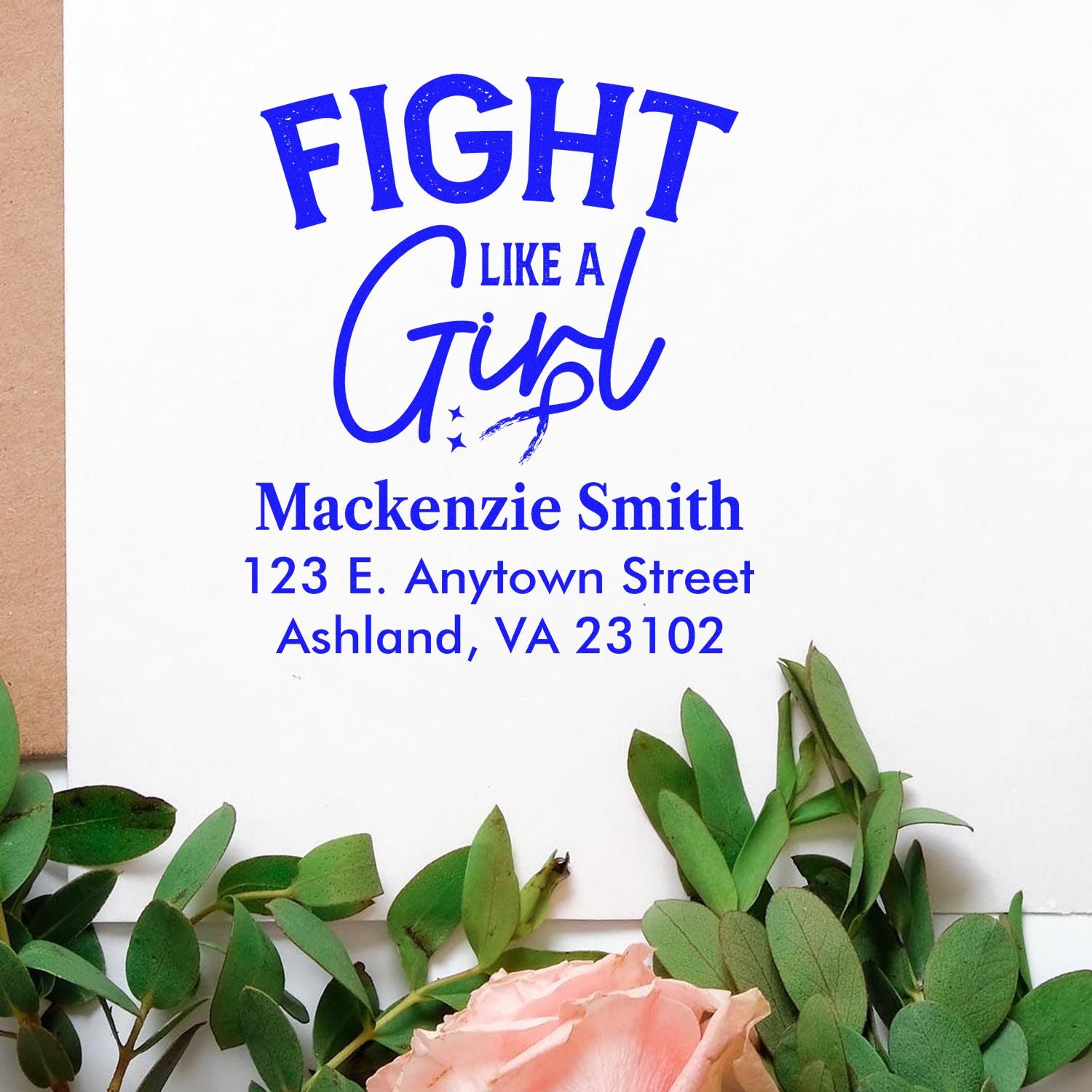 Custom Fight Like a Girl rubber stamp with personalized name and address for envelopes, stationery, and mailings.