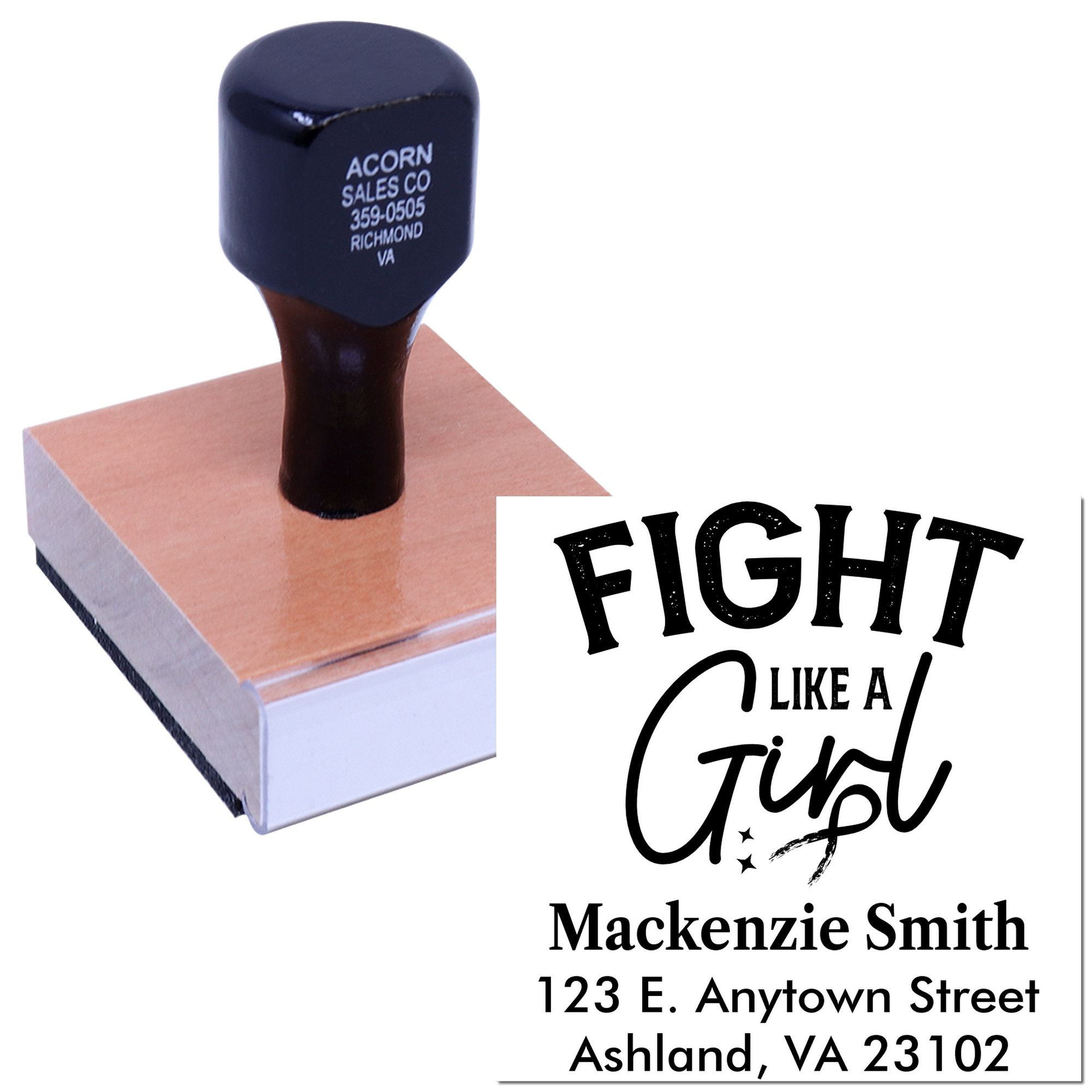 Personalized rubber stamp with Fight Like a Girl design and custom name and address imprint.