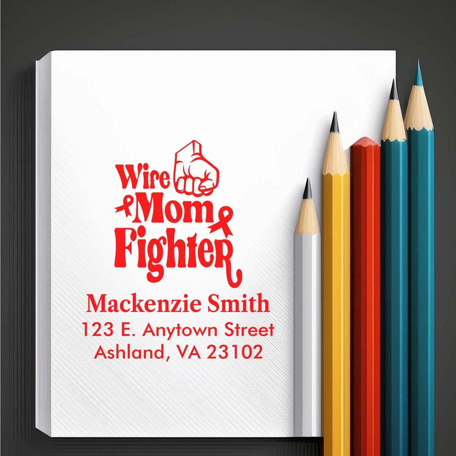 Custom rubber stamp with Wife Mom Fighter and personalized name and address, featuring pink ribbons for breast cancer awareness.