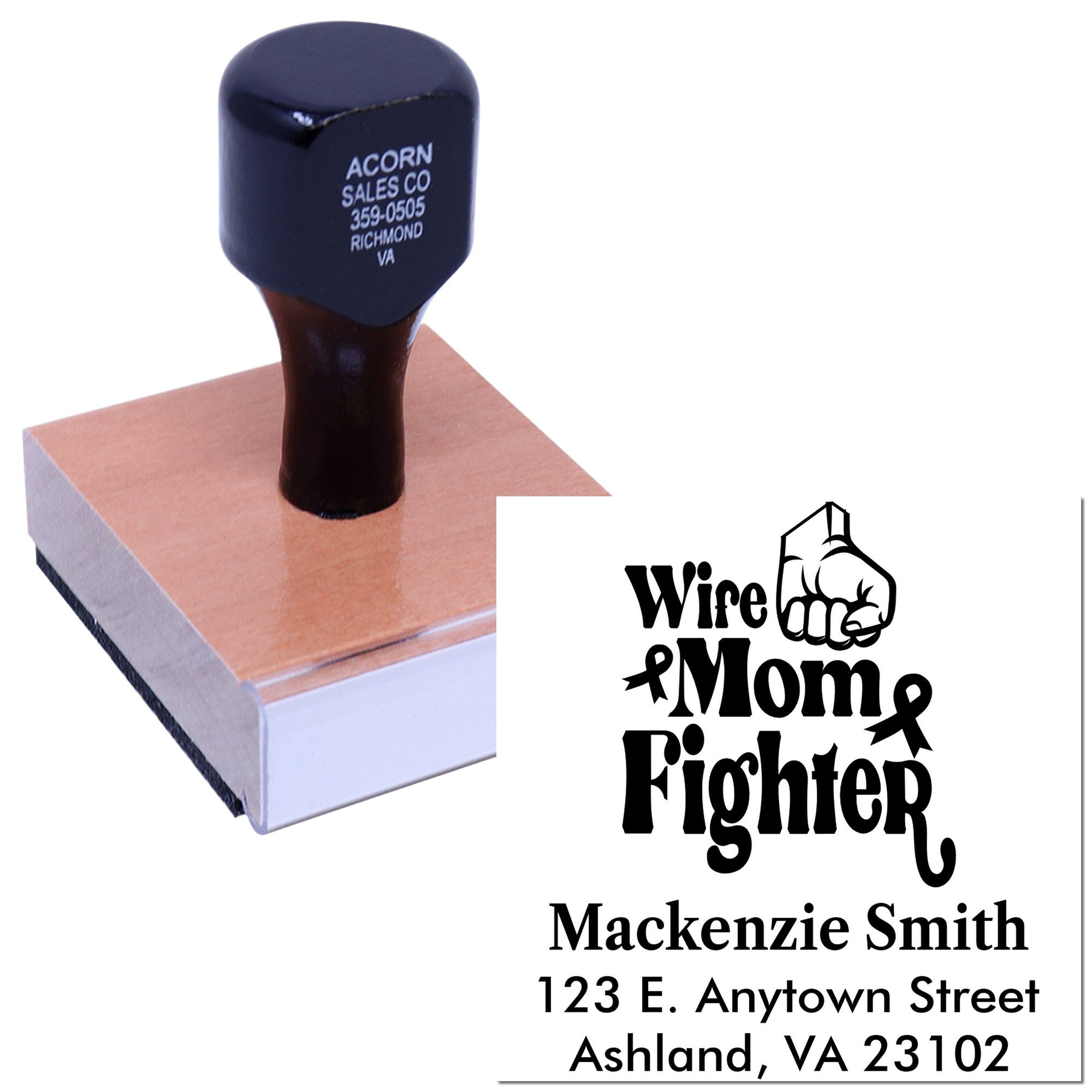 Custom rubber stamp with Wife Mom Fighter design and personalized address imprint for custom business or gift use.
