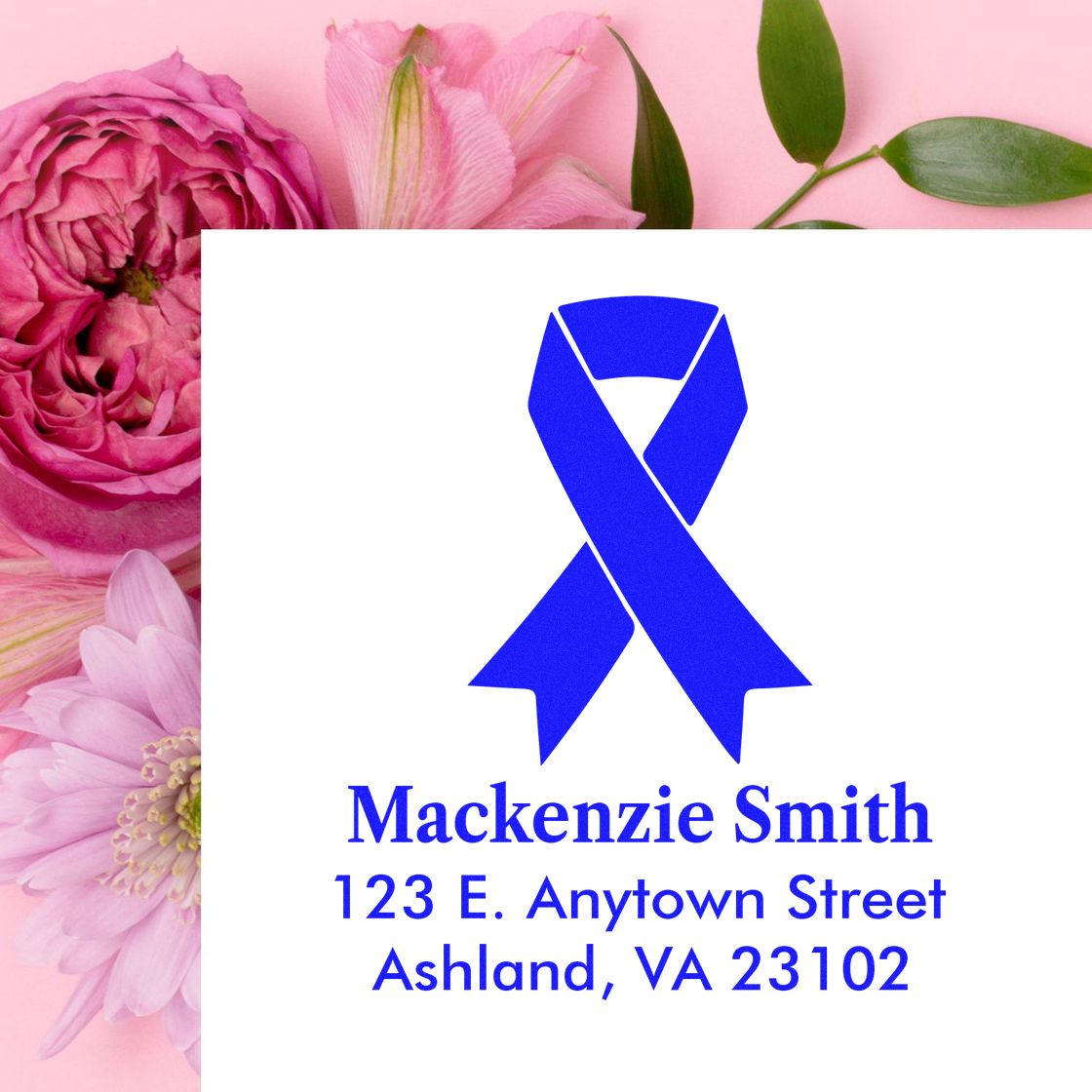 Custom blue ribbon return address rubber stamp with Mackenzie Smith, 123 E. Anytown Street, Ashland, VA 23102