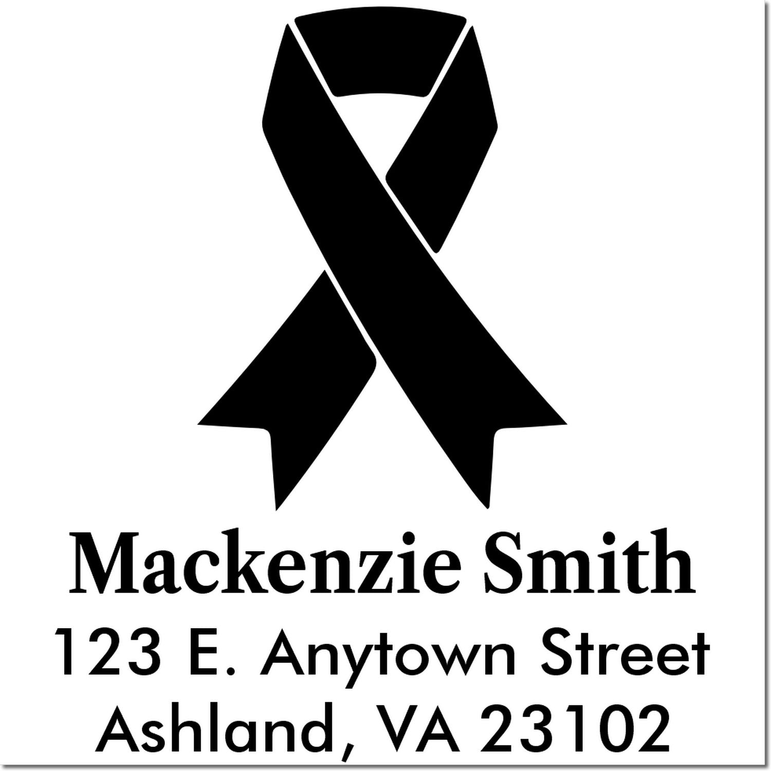 Custom awareness ribbon rubber stamp with name and address for Mackenzie Smith, 123 E. Anytown Street, Ashland, VA 23102