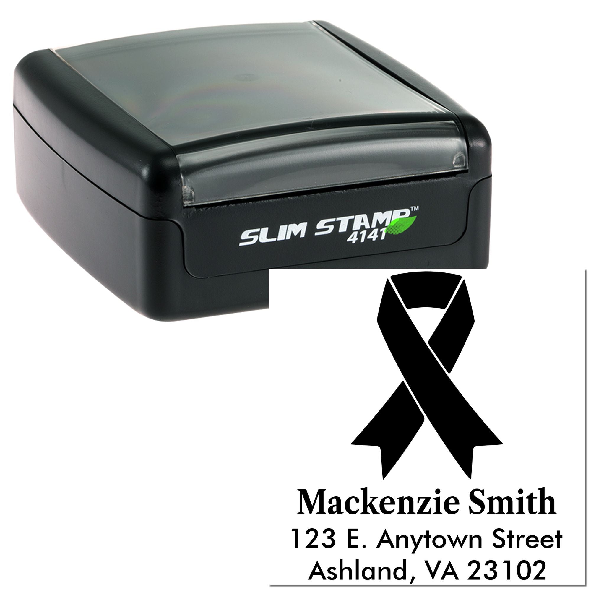 Custom self-inking Slim Stamp 4141 with black awareness ribbon and return address imprint for Mackenzie Smith.