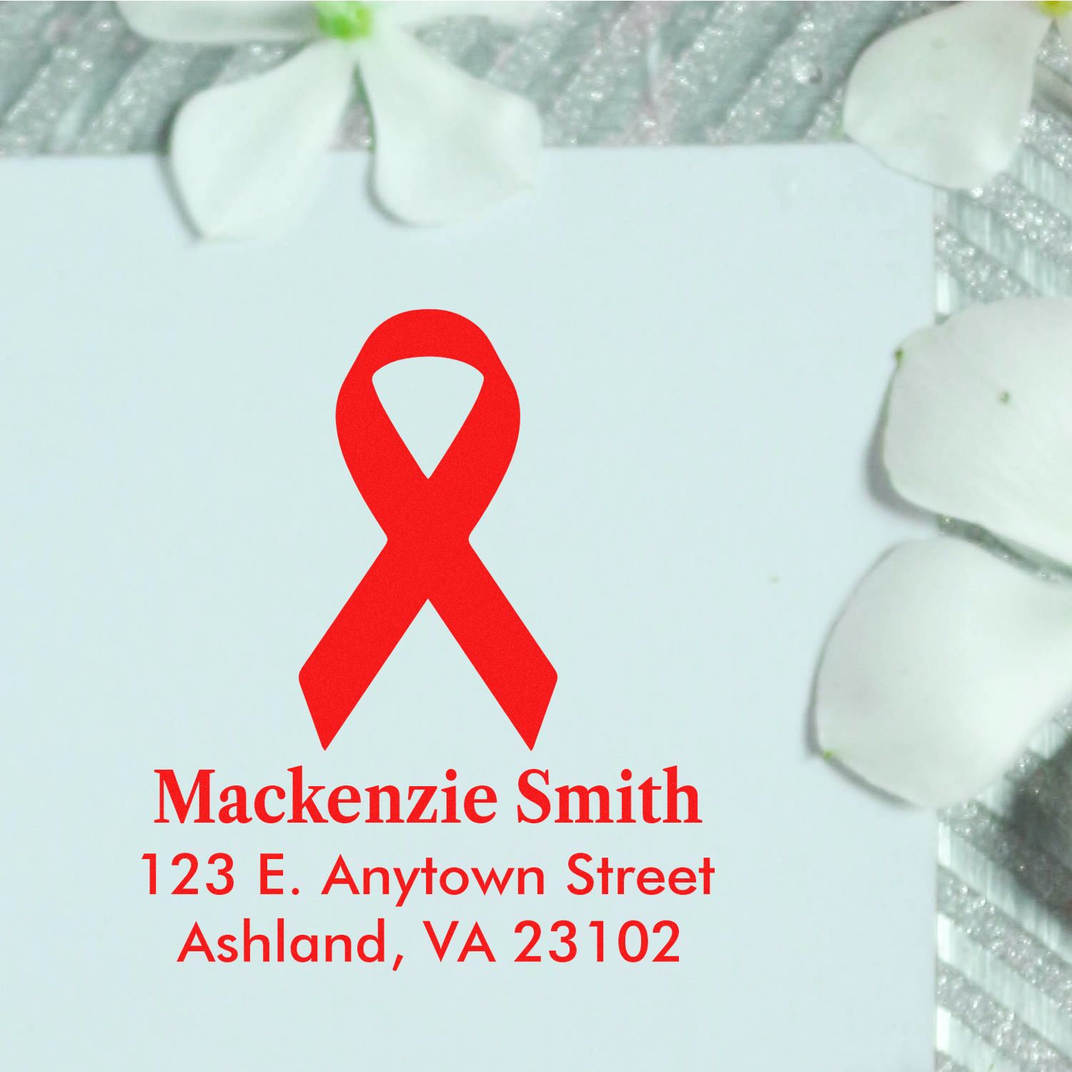 Custom return address rubber stamp with red awareness ribbon, featuring Mackenzie Smith and Ashland, VA address.
