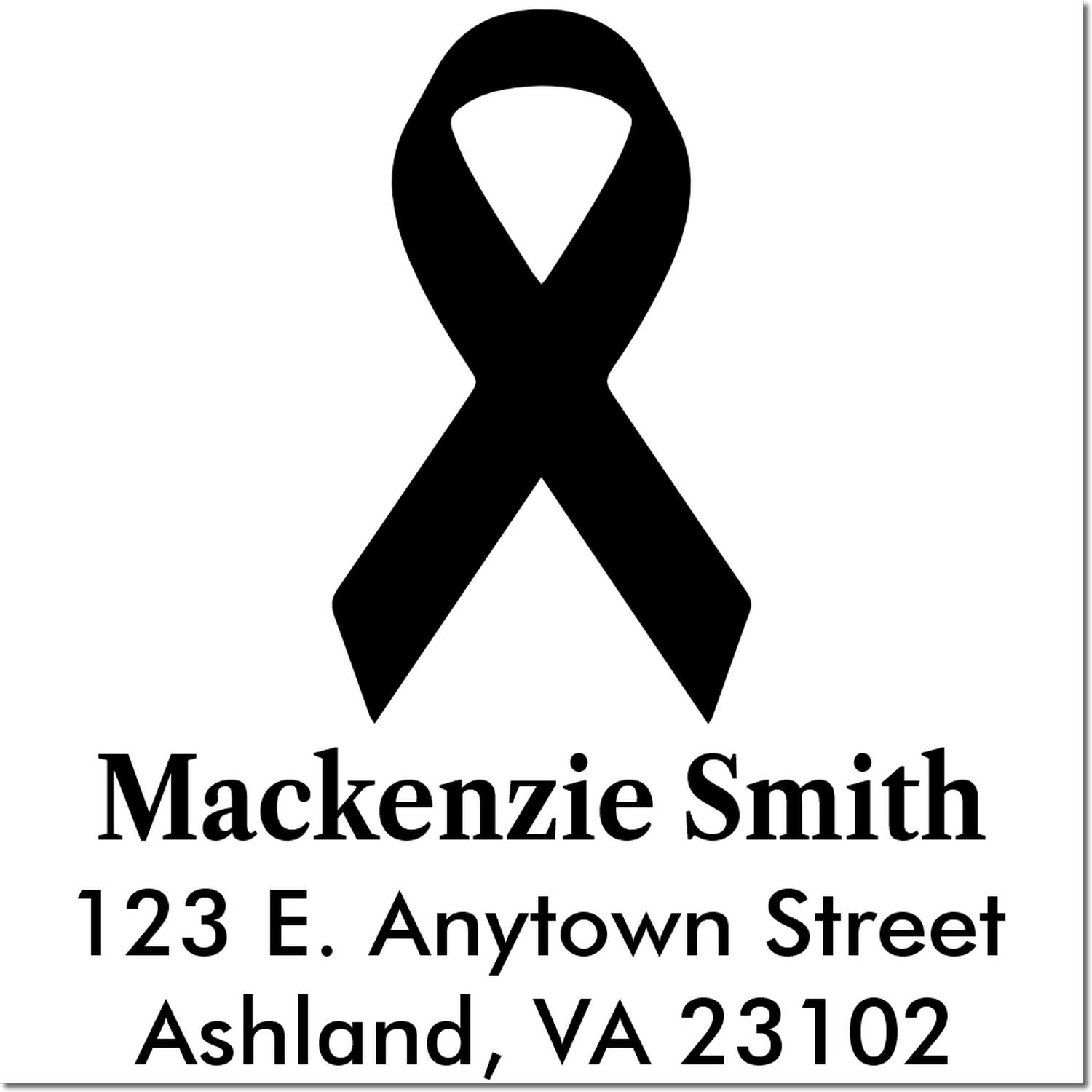 Personalized black awareness ribbon return address rubber stamp with Mackenzie Smith name and Ashland, VA address