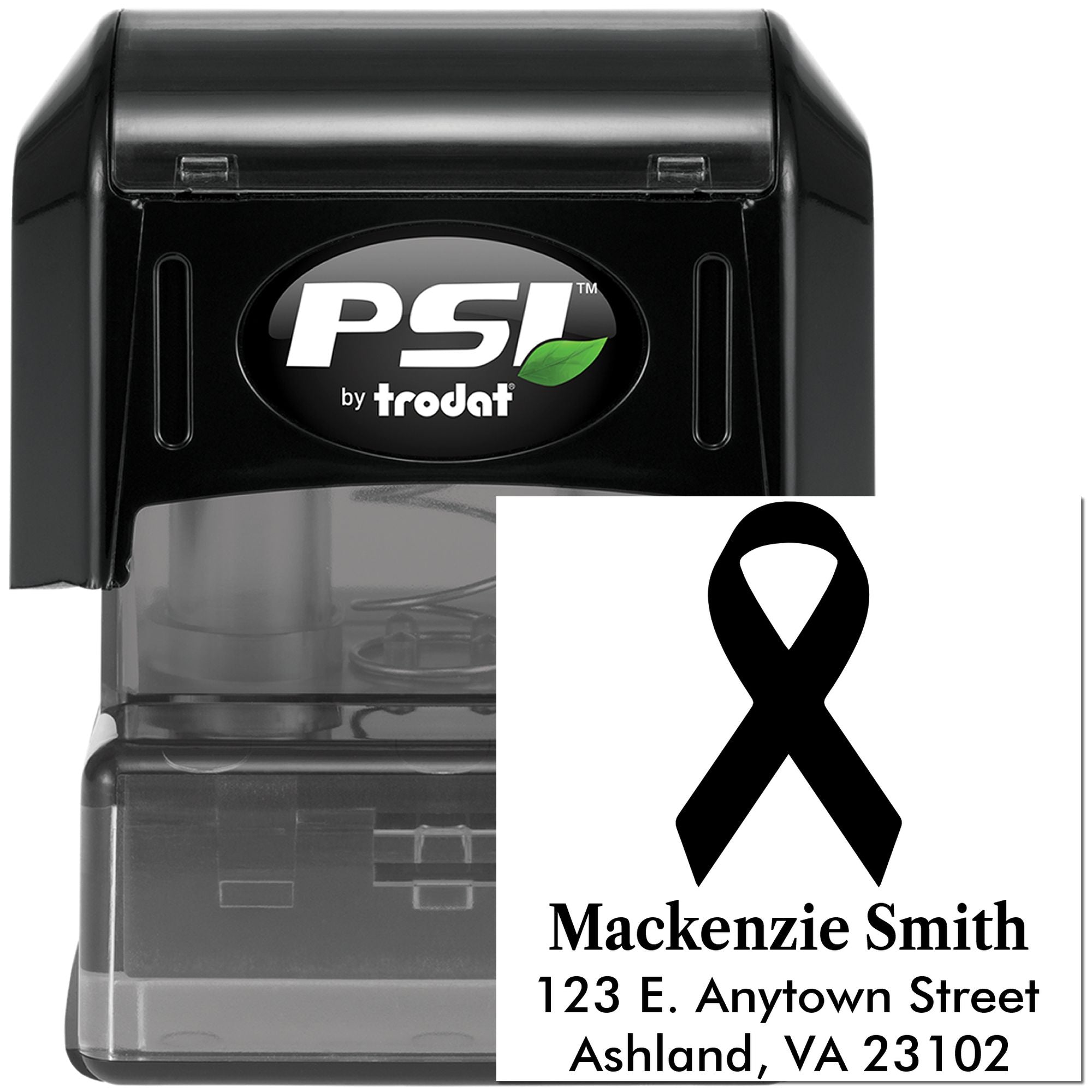 Custom self-inking rubber address stamp with awareness ribbon, ideal for personalized mailing and return addresses.