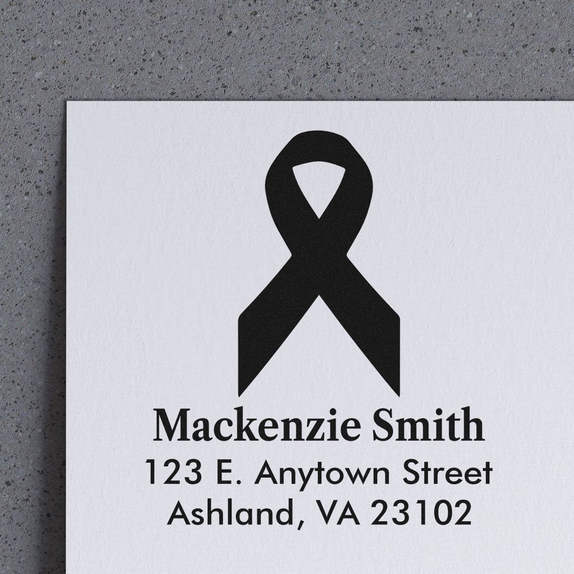 Awareness ribbon return address rubber stamp with Mackenzie Smith, 123 E. Anytown Street, Ashland, VA 23102