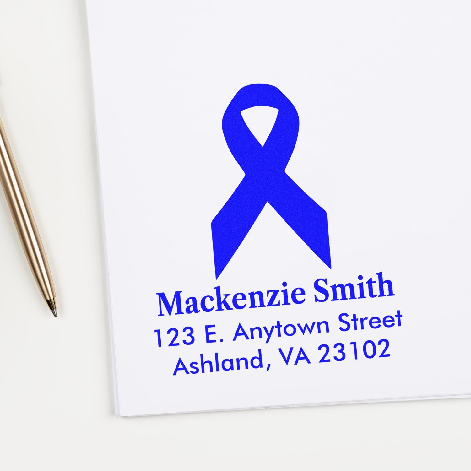 Custom blue awareness ribbon address rubber stamp for Mackenzie Smith, Ashland, VA 23102.