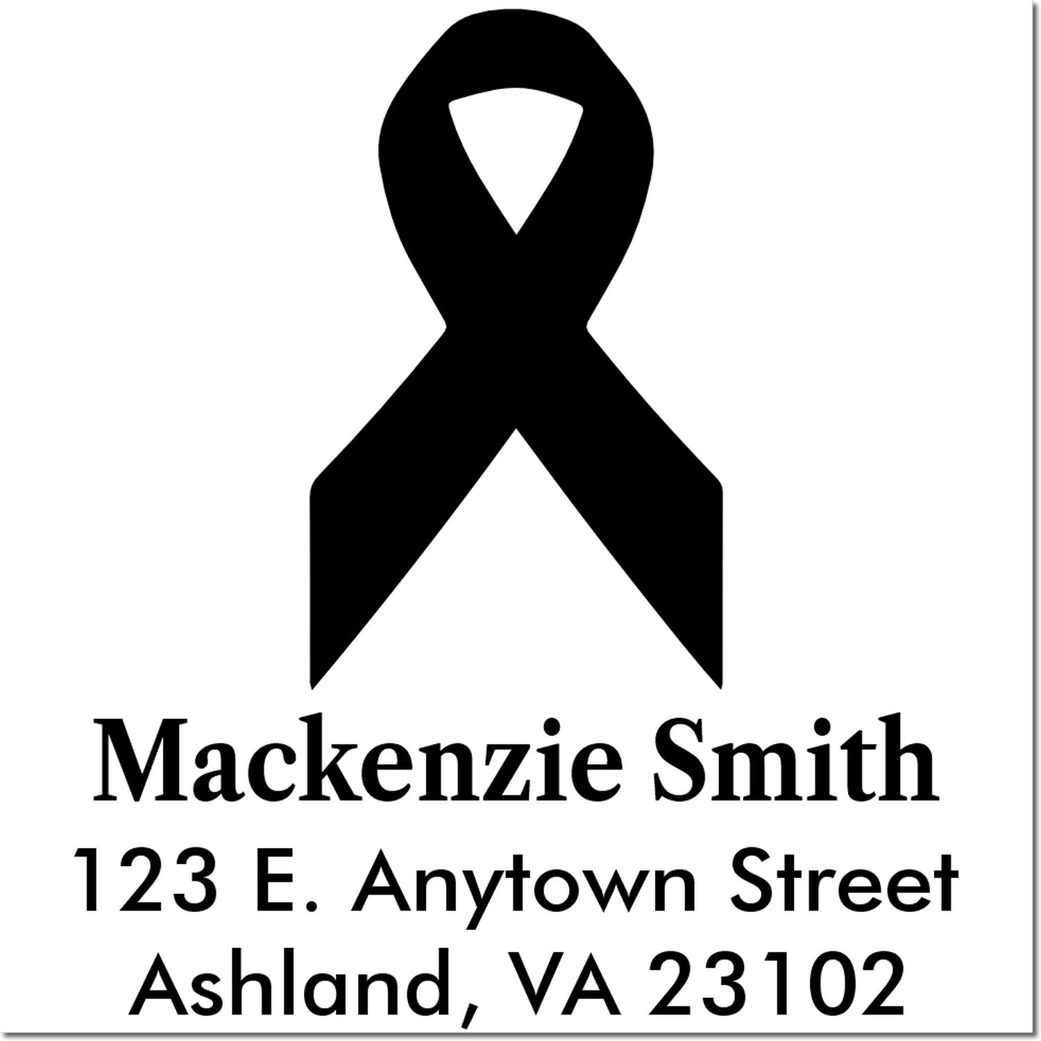 Custom return address rubber stamp with awareness ribbon, Mackenzie Smith, 123 E. Anytown Street, Ashland, VA 23102.