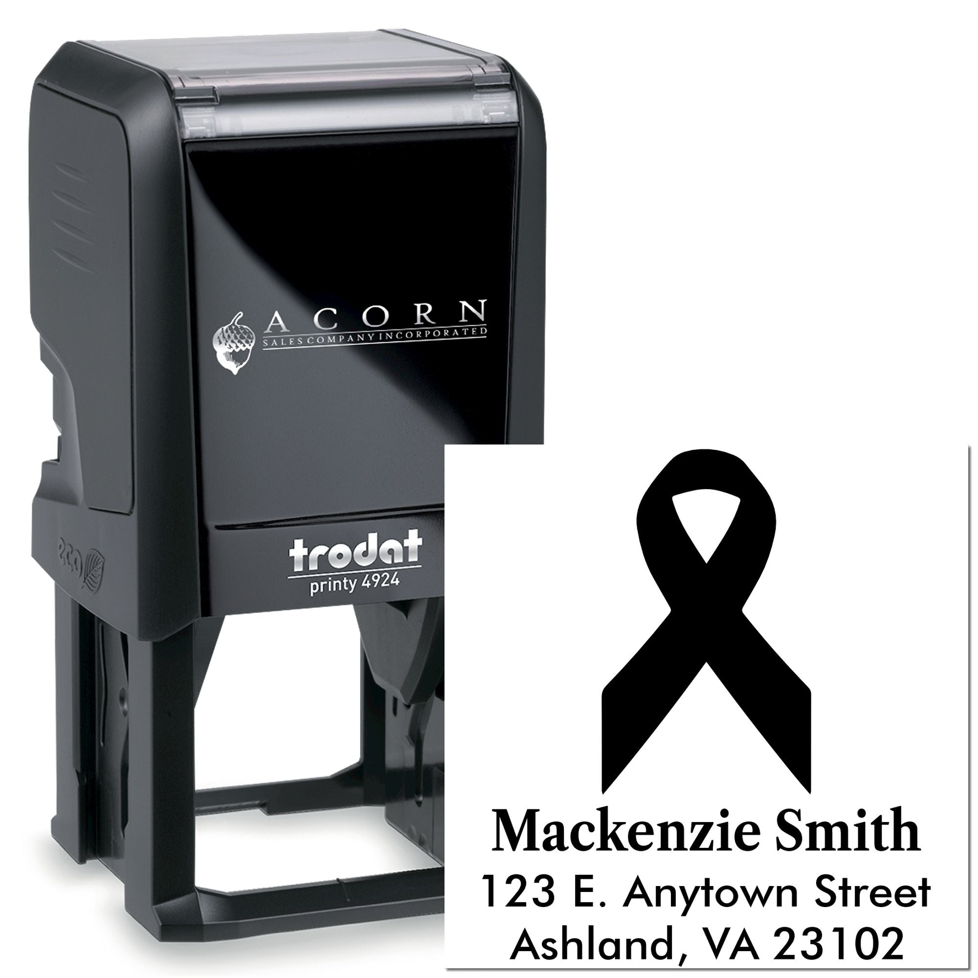Custom self-inking rubber address stamp, Trodat Printy 4924, with Mackenzie Smith return address and awareness ribbon logo.