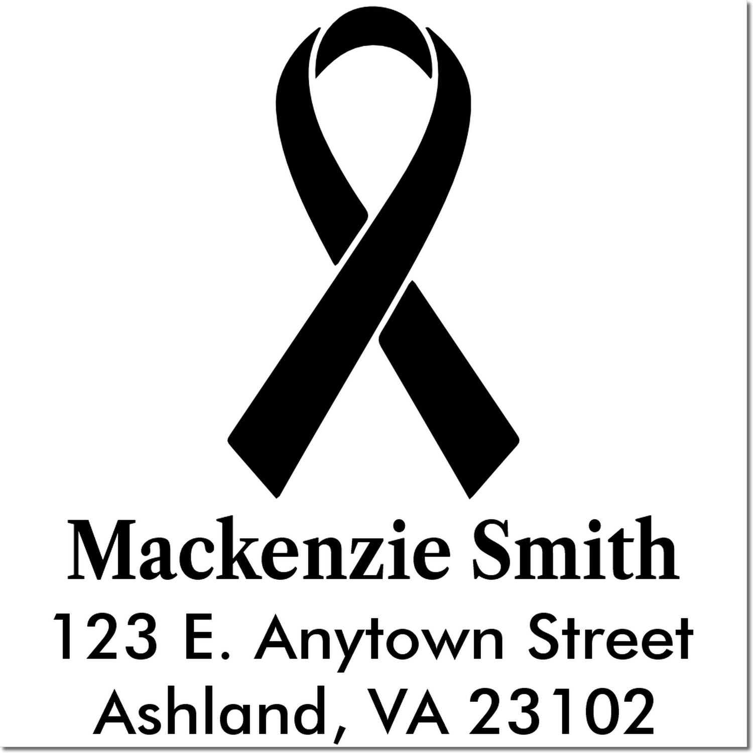 Custom rubber stamp with black awareness ribbon and return address for Mackenzie Smith, Ashland, VA 23102.