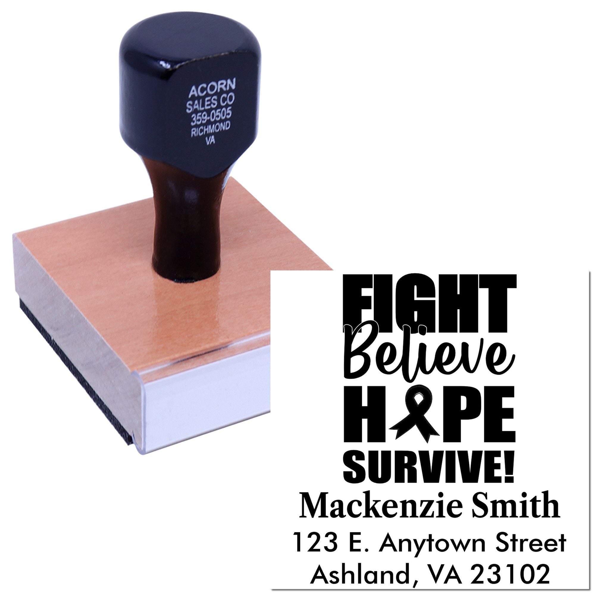 Custom rubber stamp showing Fight Believe Hope Survive design with personalized name and address imprint.
