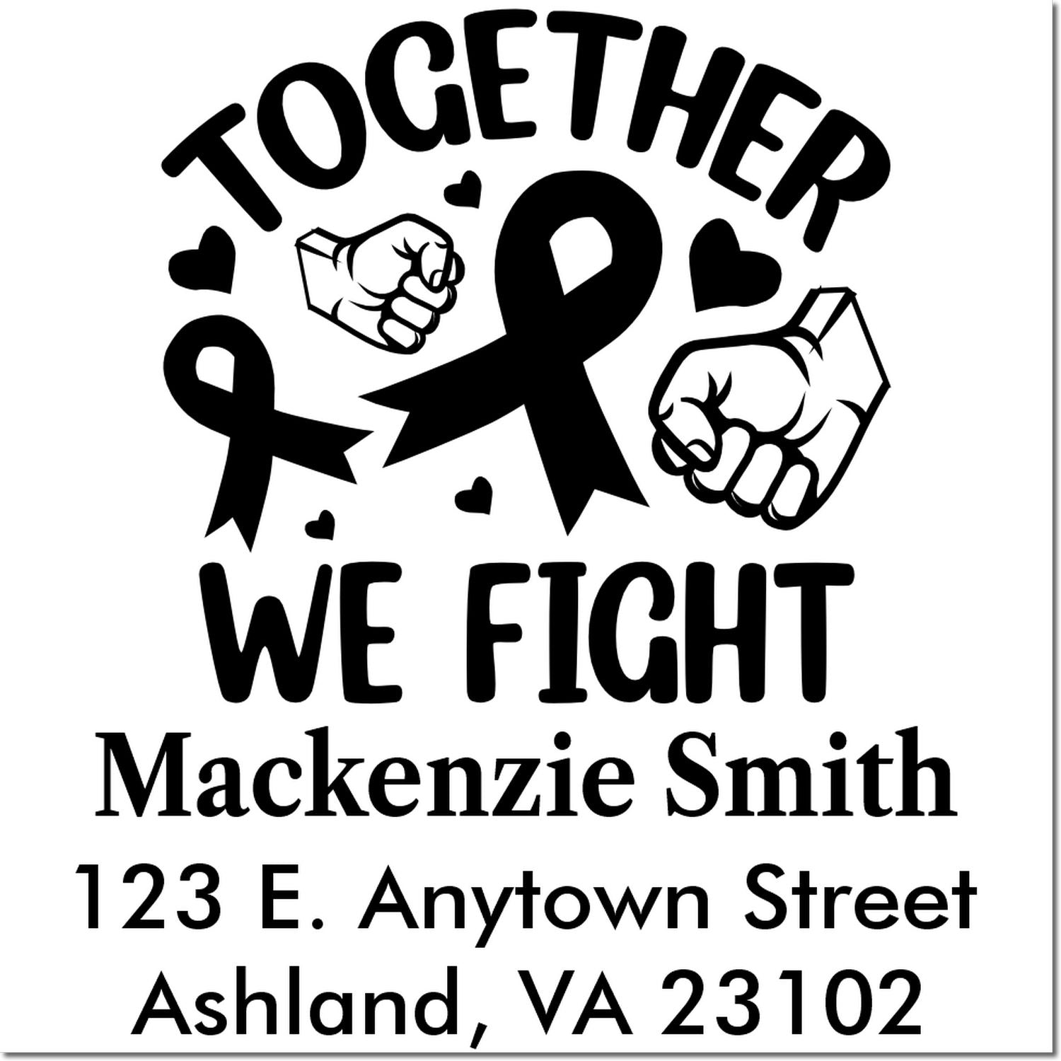Custom breast cancer awareness rubber stamp with Together We Fight message, ribbon, and personalized name and address.