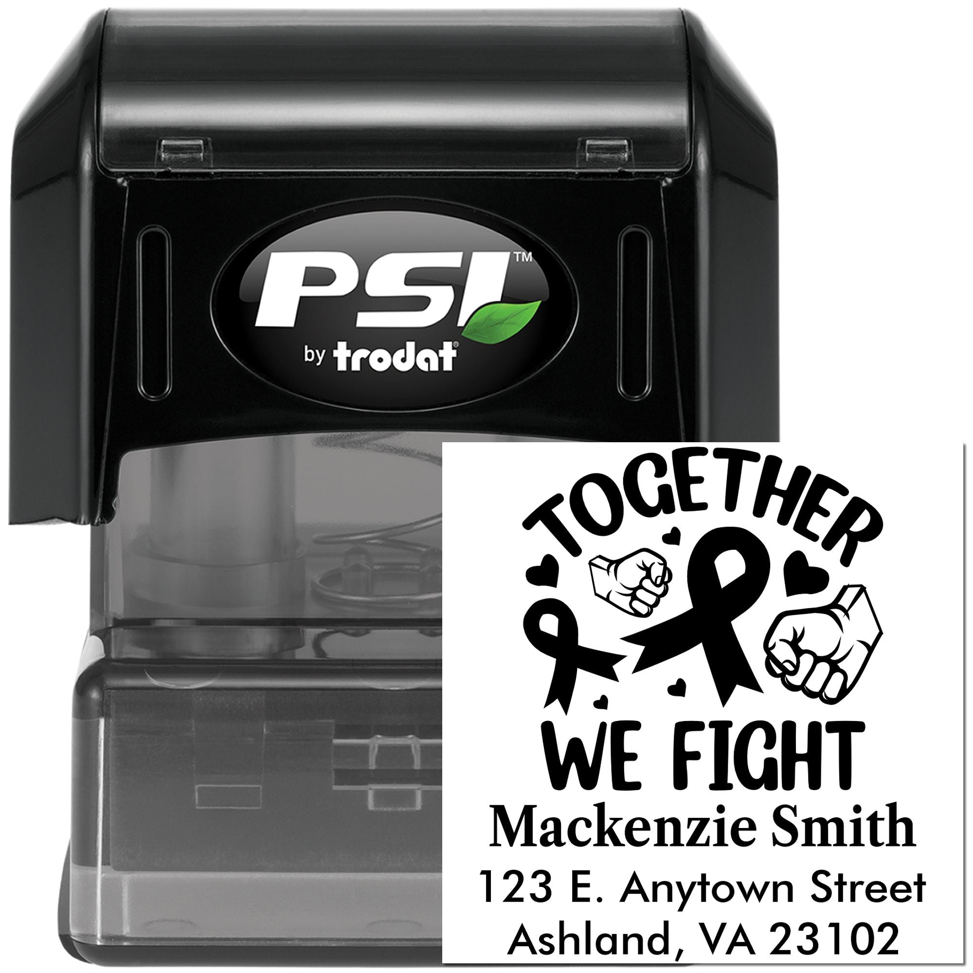 PSI by Trodat self-inking rubber stamp with custom Together We Fight breast cancer awareness address design.