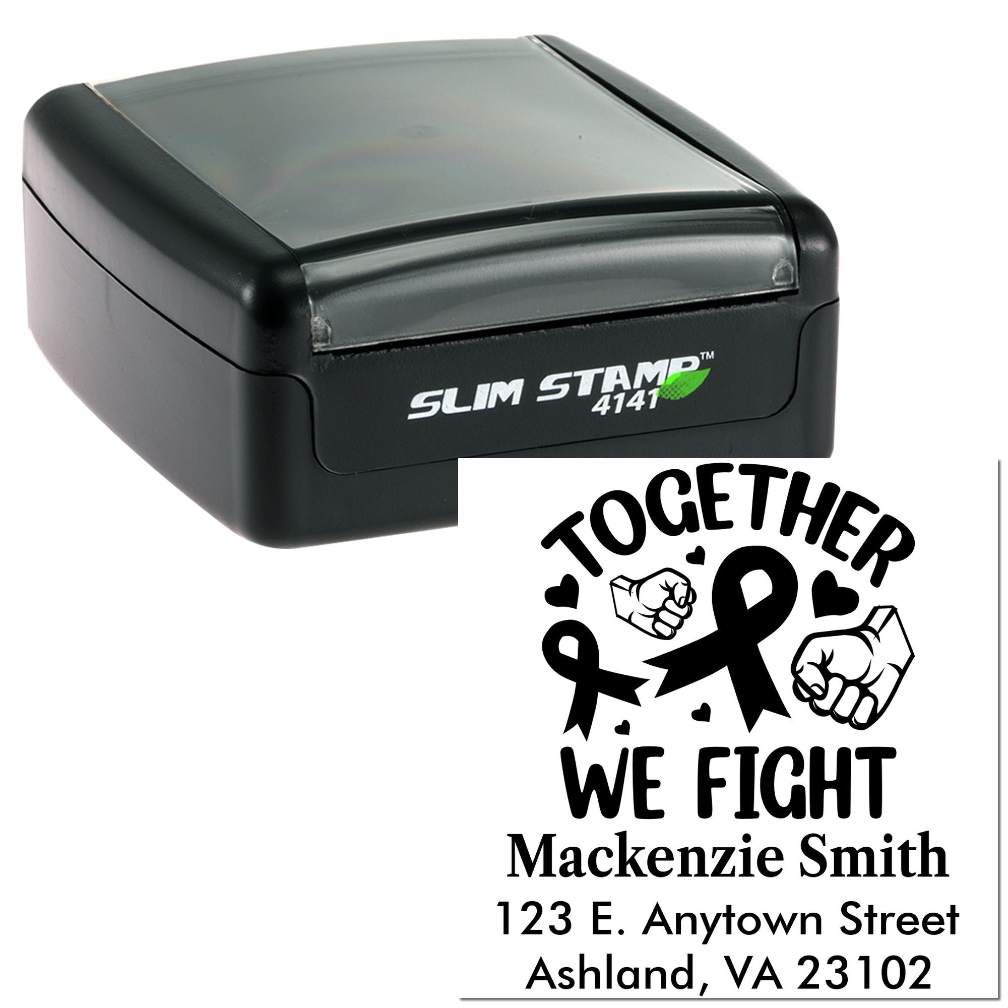 Personalized self-inking rubber stamp with "Together We Fight" awareness design, ribbon icon, name, and address.