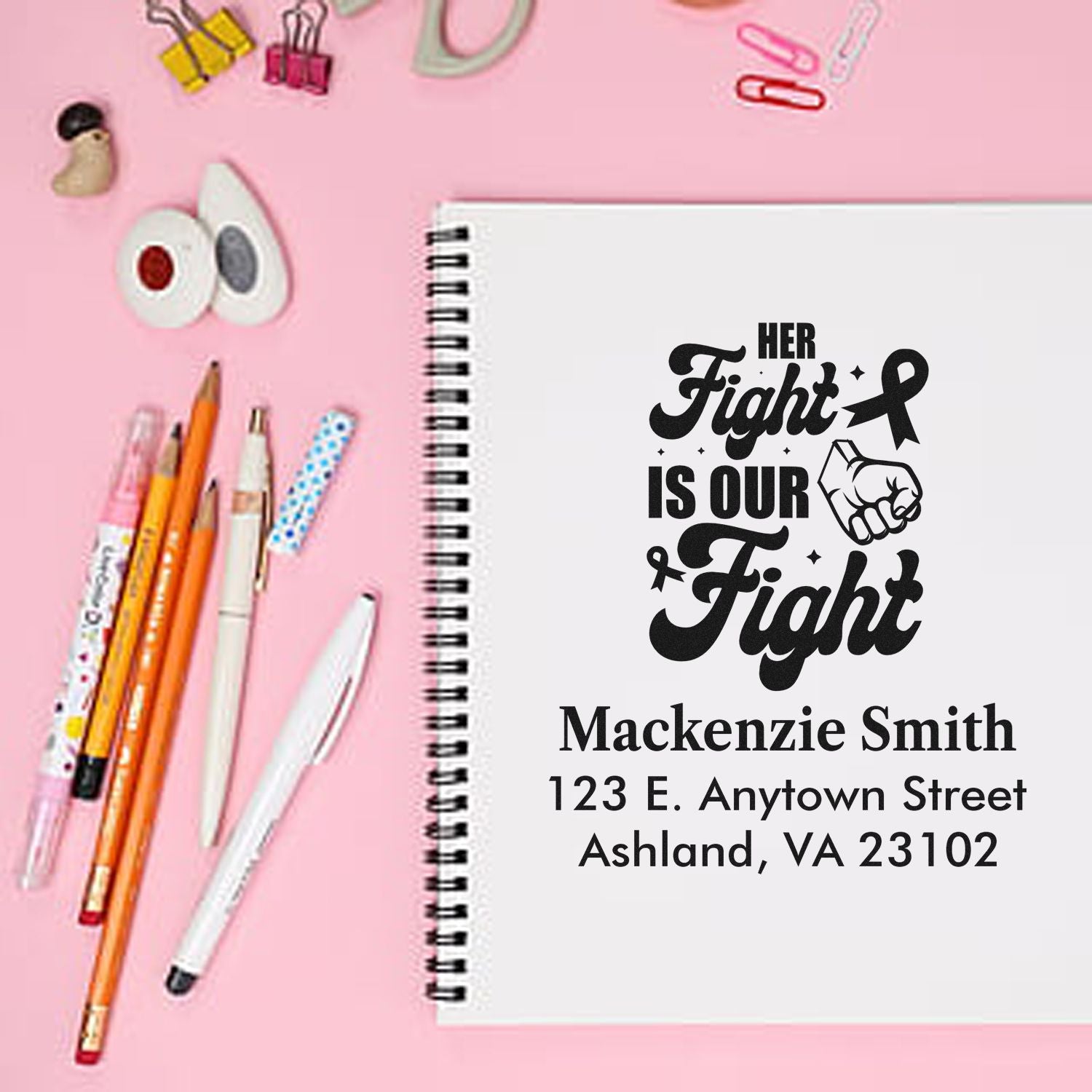 Custom rubber stamp design with Her Fight Is Our Fight ribbon and return address for personalized stationery.