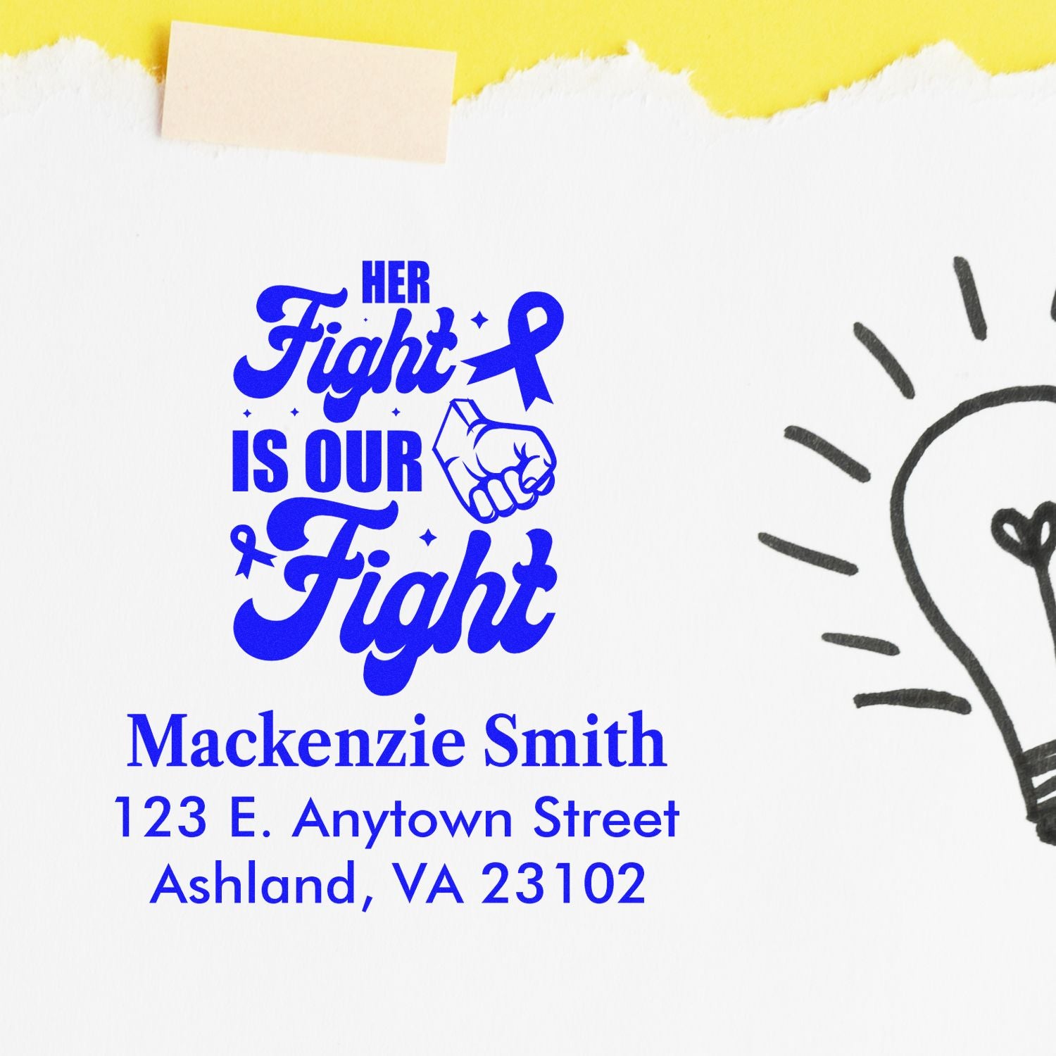 Custom rubber stamp design with Her Fight Is Our Fight, ribbon and fist, plus personalized name and address for awareness support.