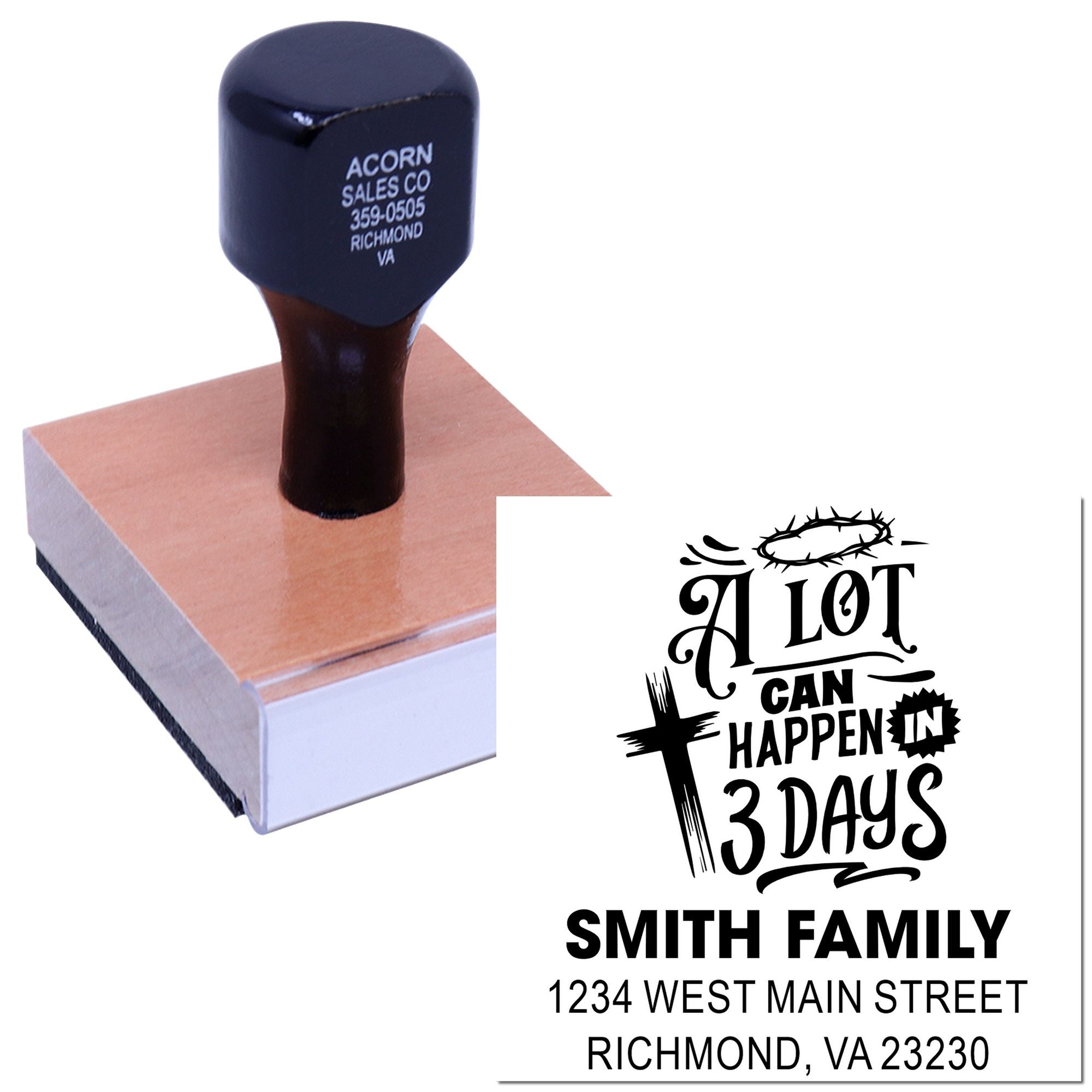 Personalized rubber stamp displaying Smith Family address and custom quote for wedding invitations, packaging, or stationery.