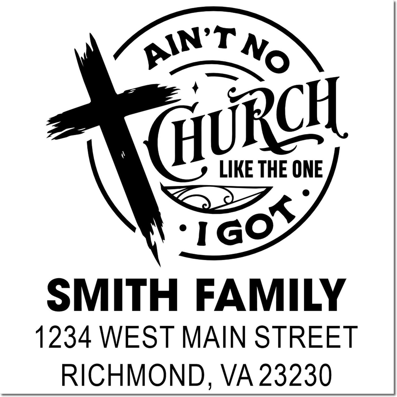 Personalized church rubber stamp with cross, religious quote, Smith Family name, and Richmond, VA address.