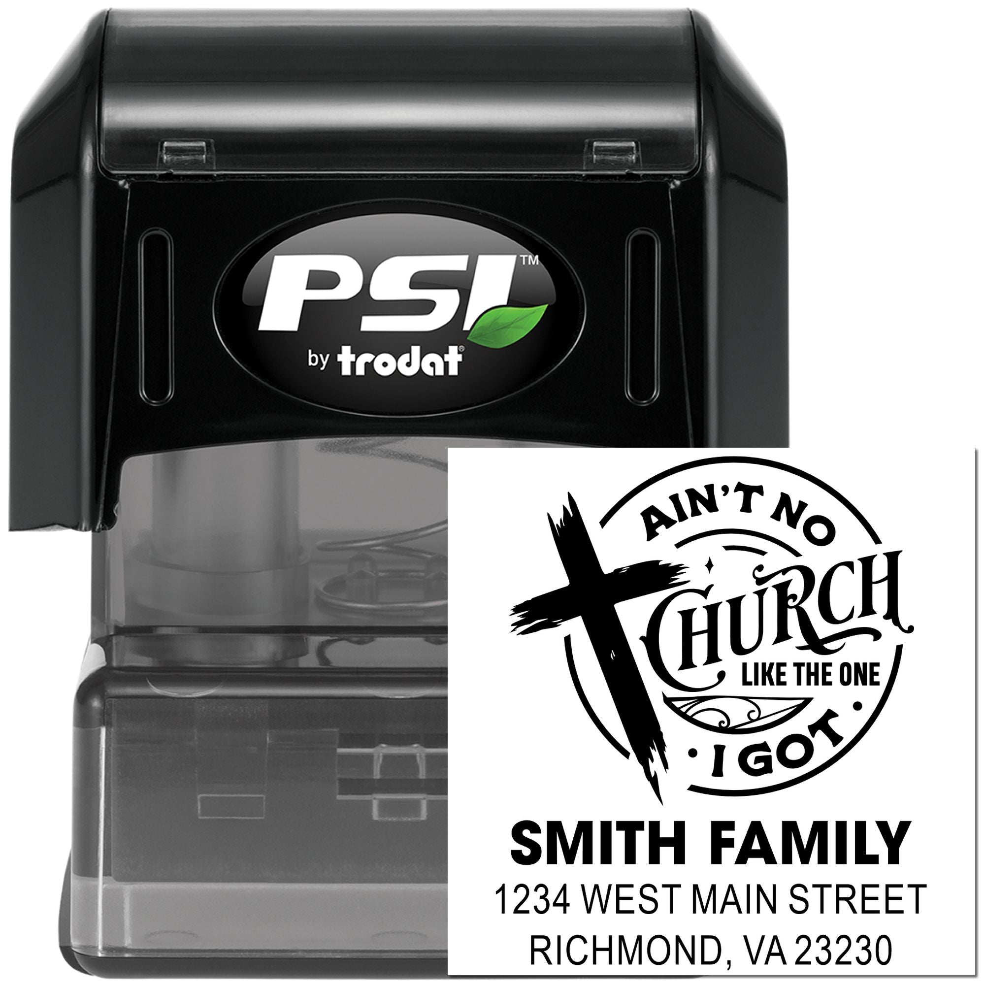 PSI by Trodat self-inking rubber stamp with custom church address stamp design for Smith Family in Richmond, VA.