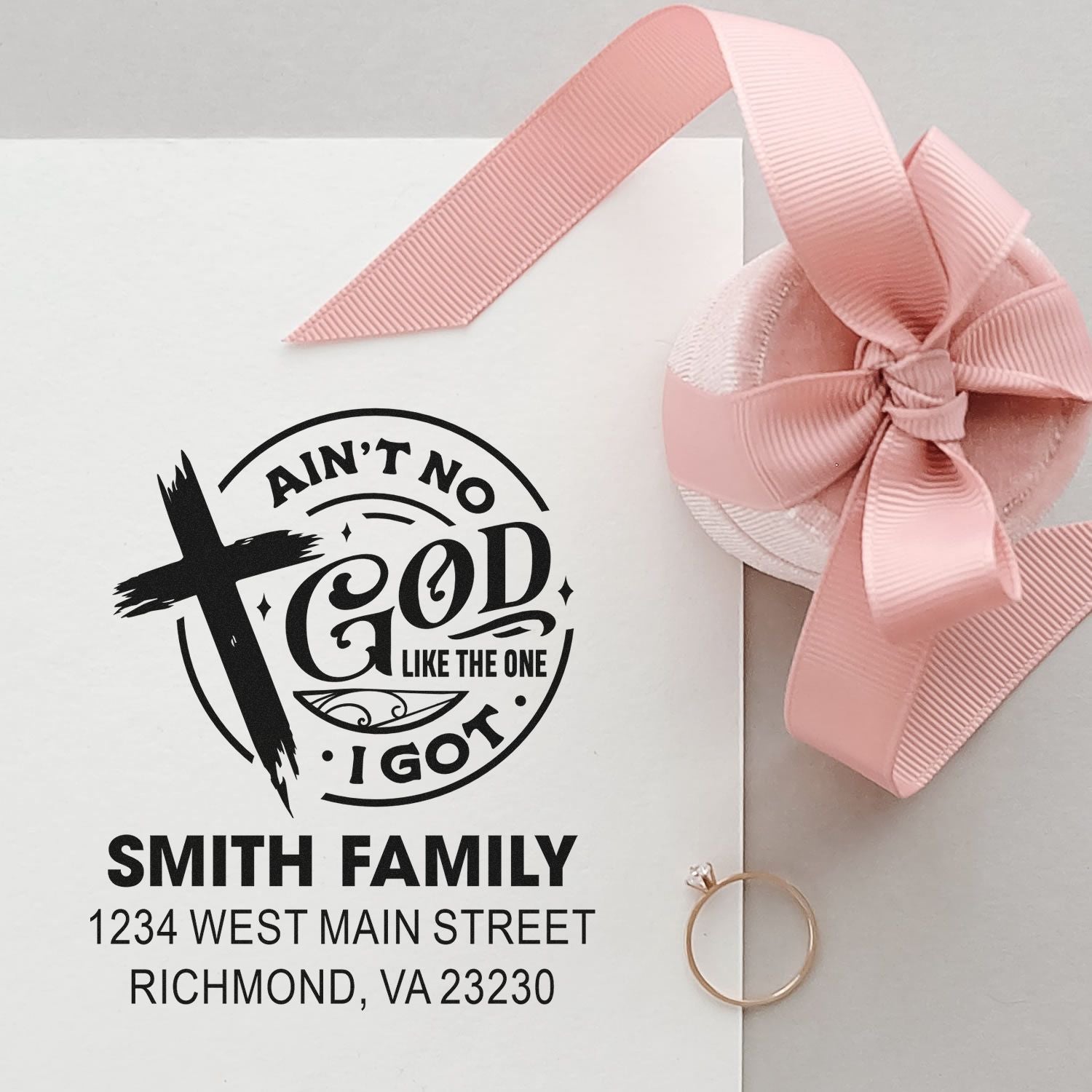 Custom Christian family address rubber stamp for wedding invitations, gift tags, and stationery with return address.
