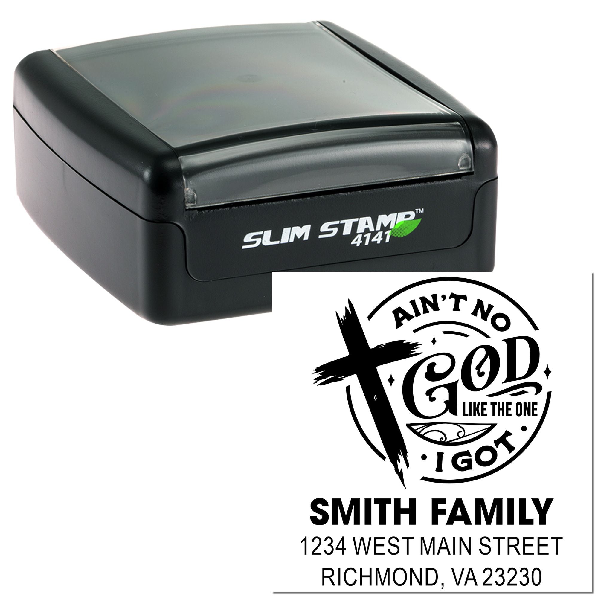 Custom self-inking rubber stamp with family address and faith quote imprint, ideal for personalized mailing and branding