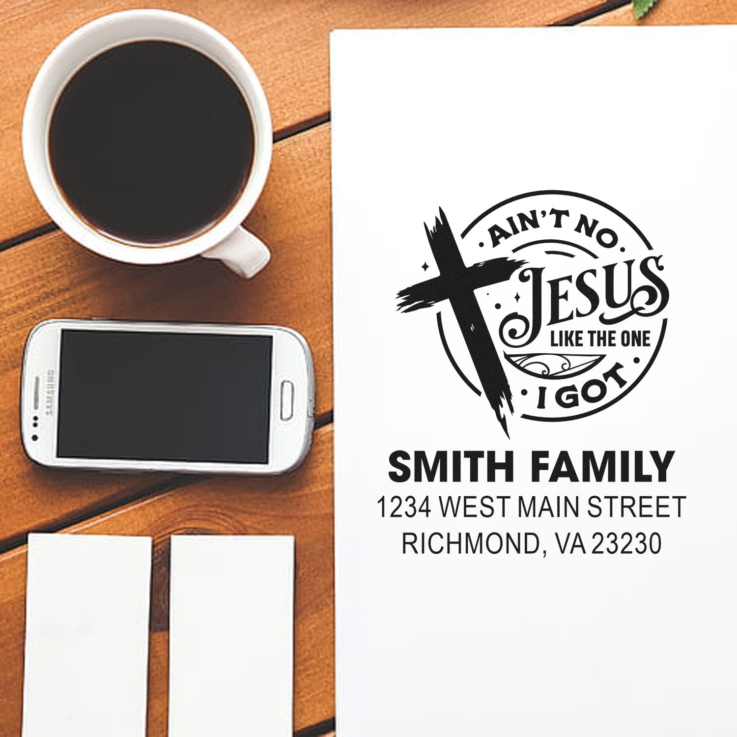 Custom Christian rubber address stamp with Smith Family name and return address for envelopes and stationery.