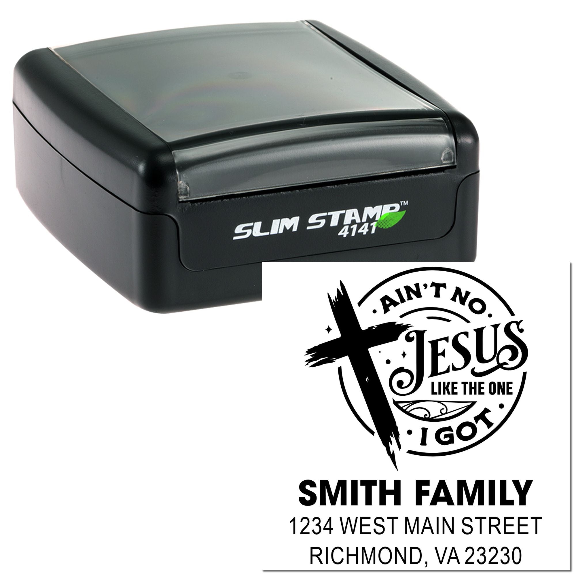 Custom self-inking rubber stamp with Christian cross design and Smith family return address imprint for mailing and stationery.