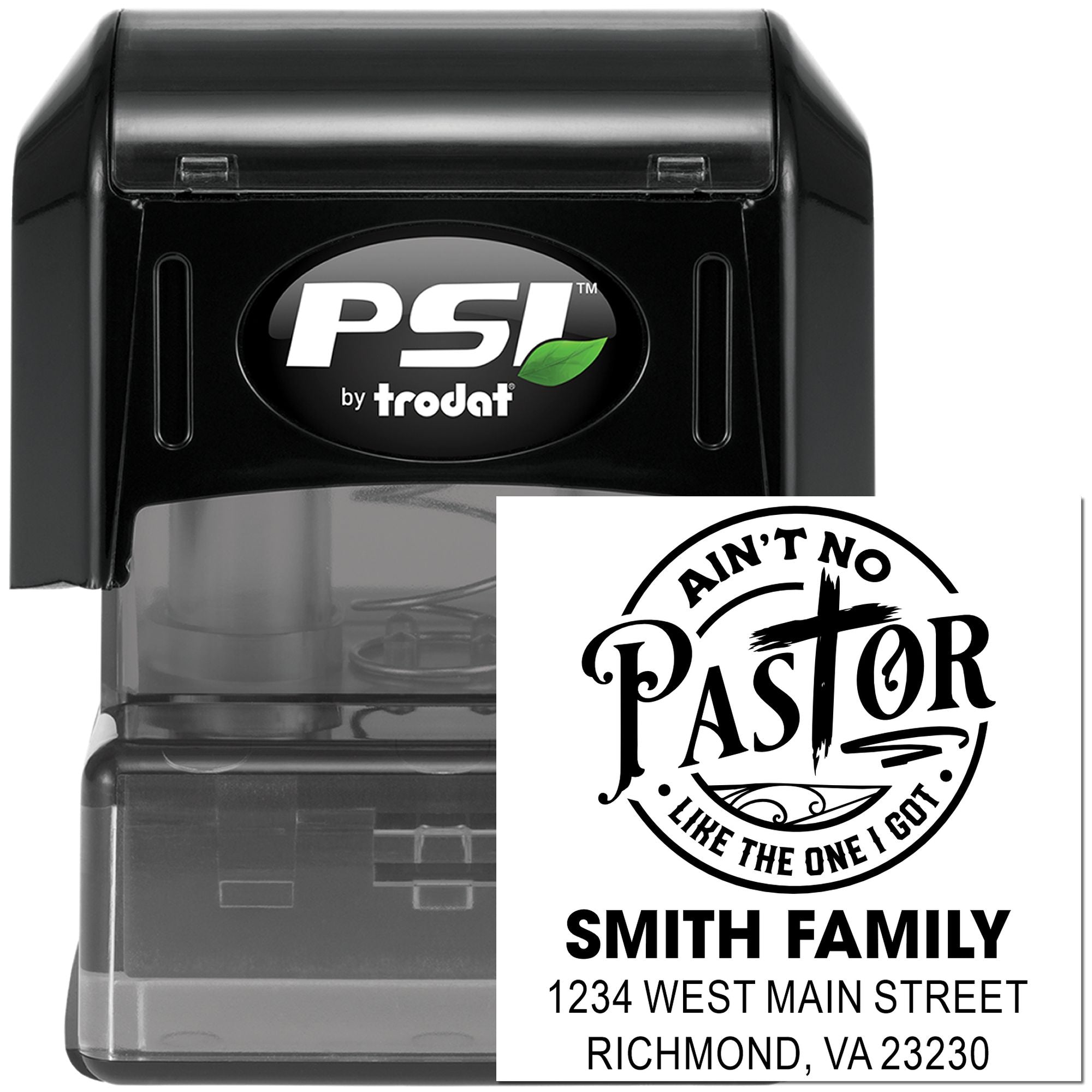 Personalized self-inking rubber address stamp with pastor quote, Smith family name and address, PSI by Trodat.