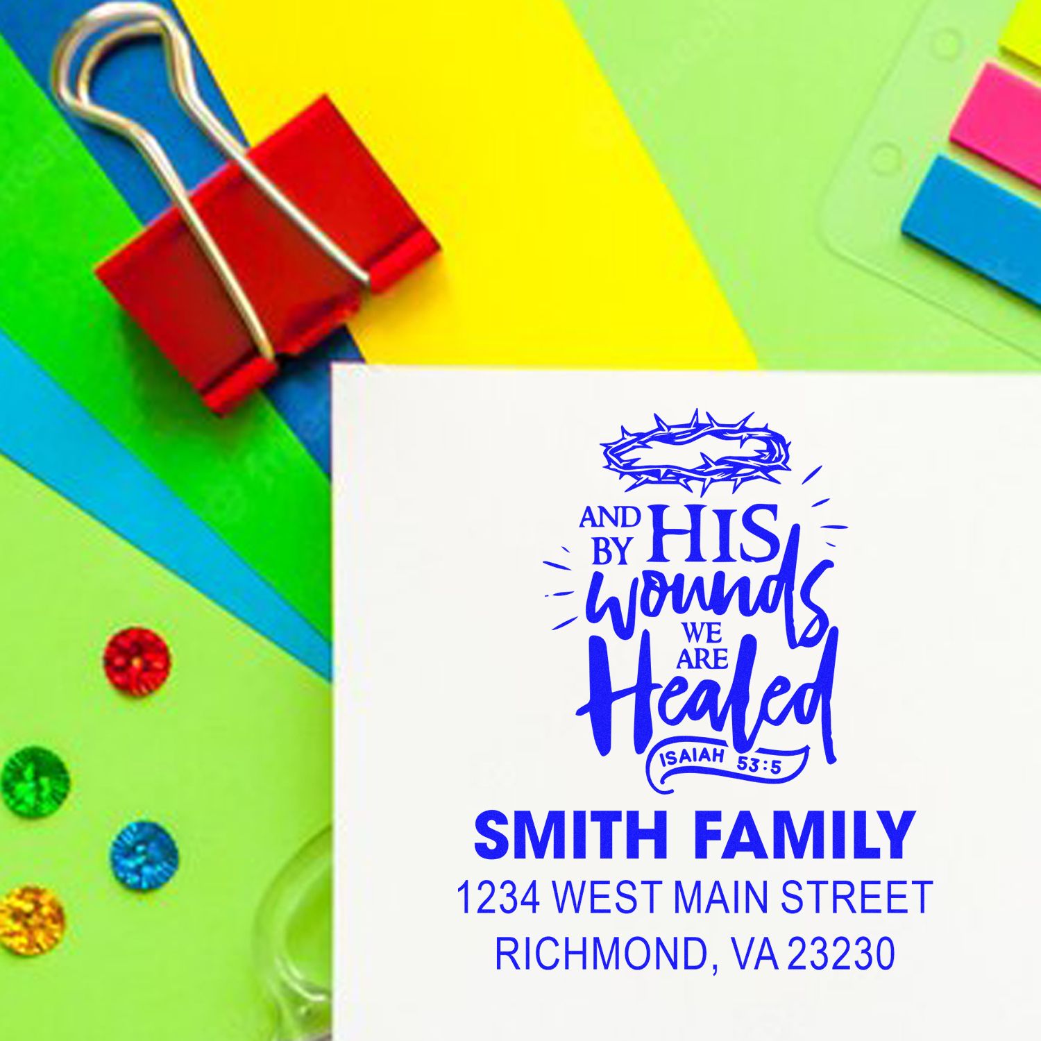 Personalized rubber address stamp with Christian Bible verse for Smith family stationery and mailing.