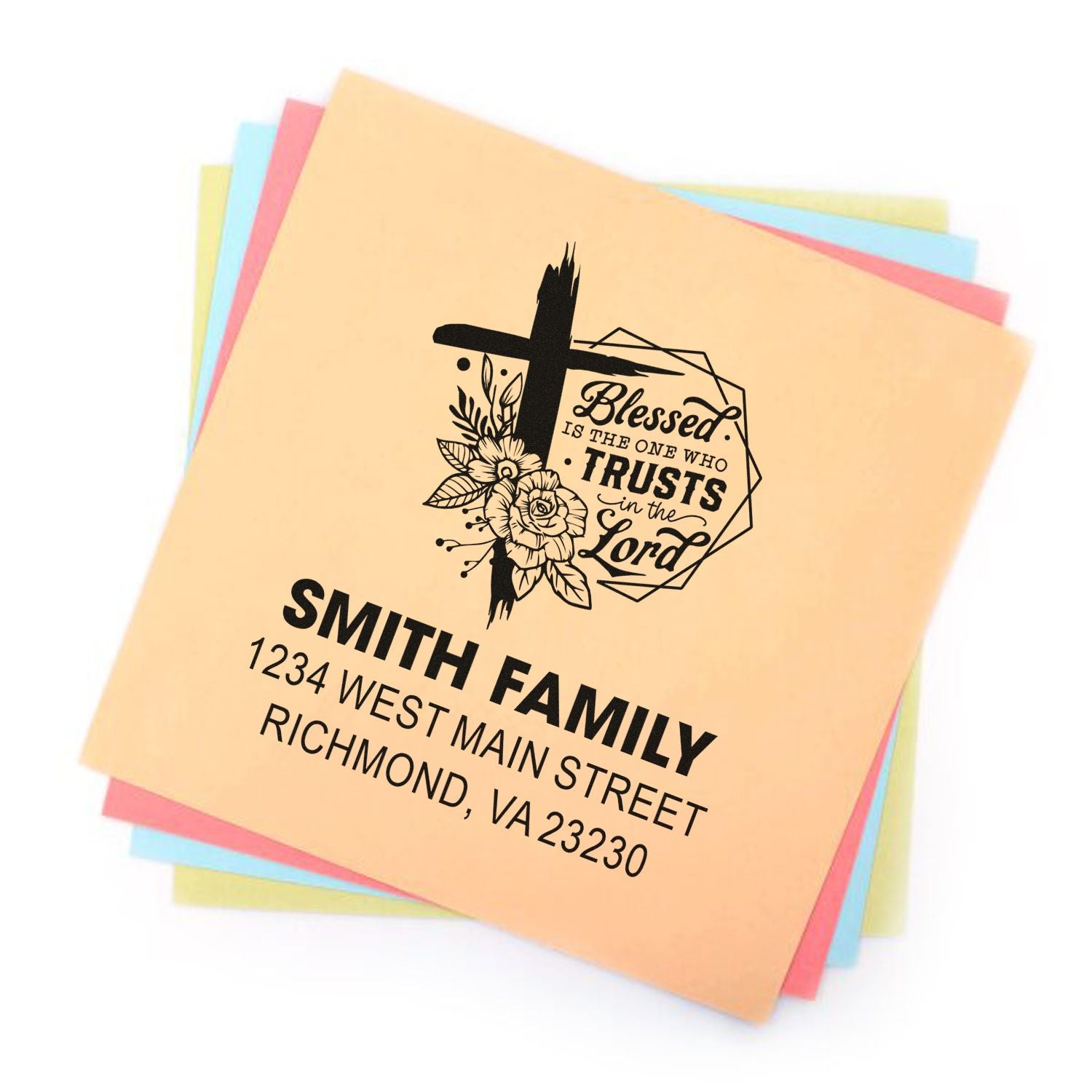 Personalized return address rubber stamp with floral cross faith design for the Smith family.