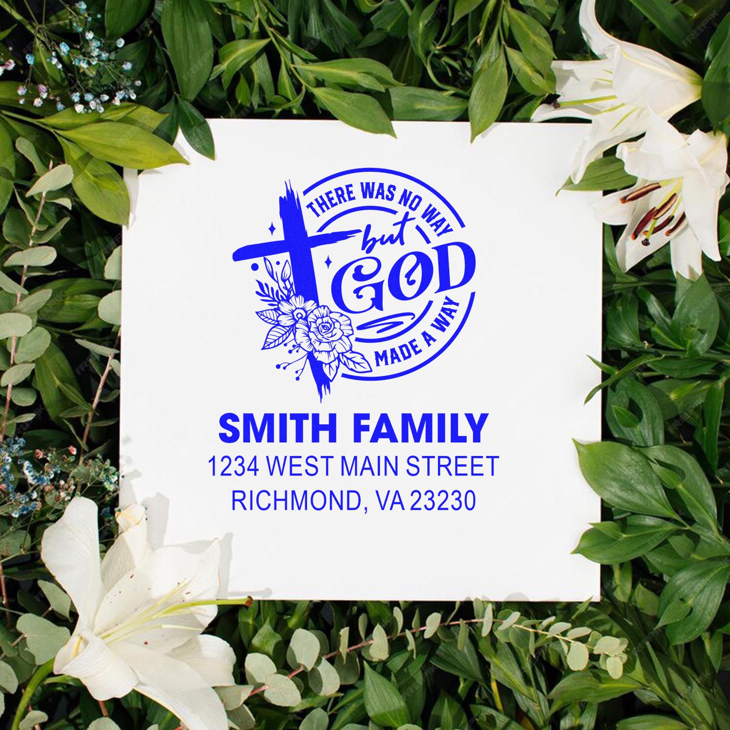 Personalized Christian return address rubber stamp with cross, floral design, and Smith Family Richmond, VA address.