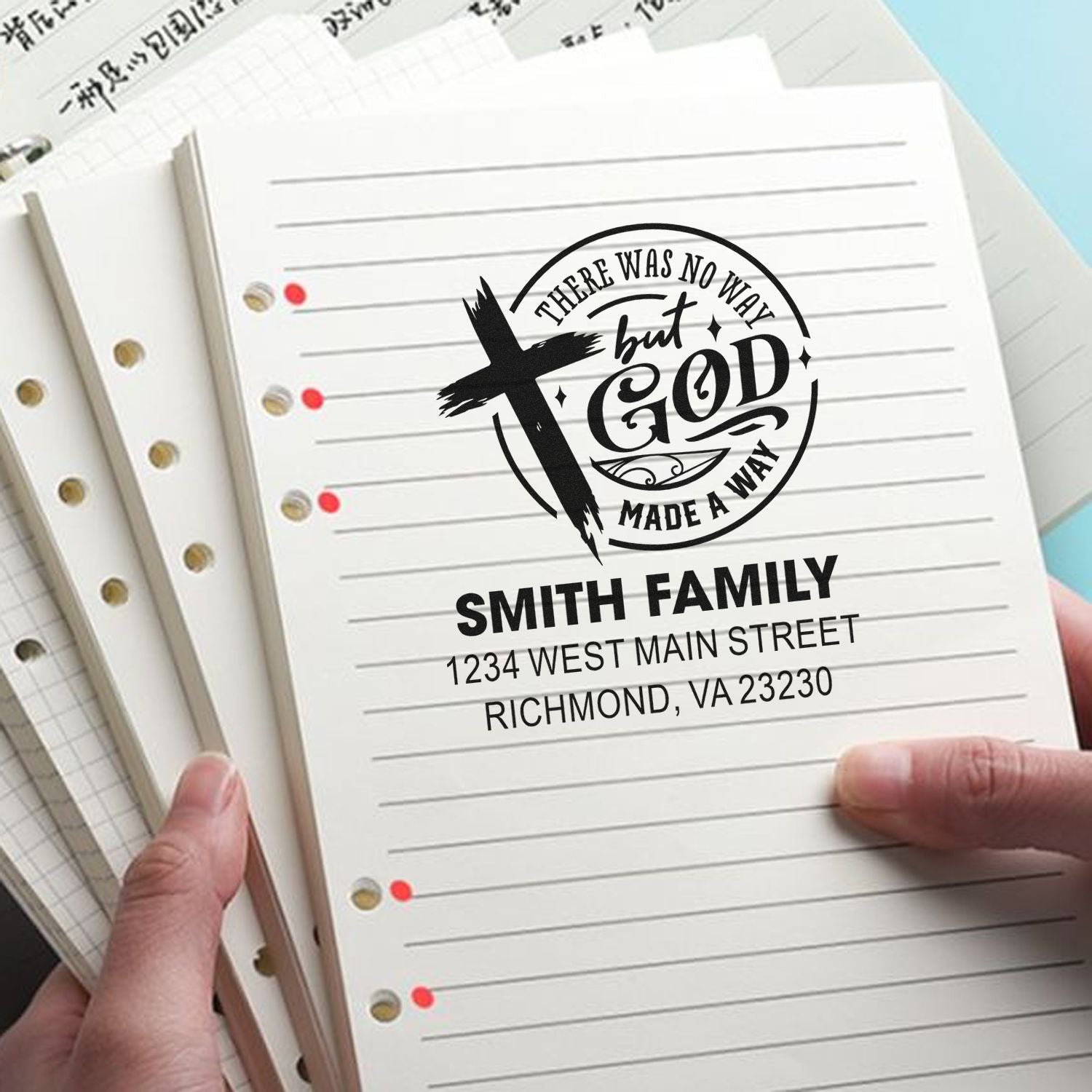 Custom Christian return address rubber stamp with cross design for personalized stationery, envelopes, and faith-based mail.