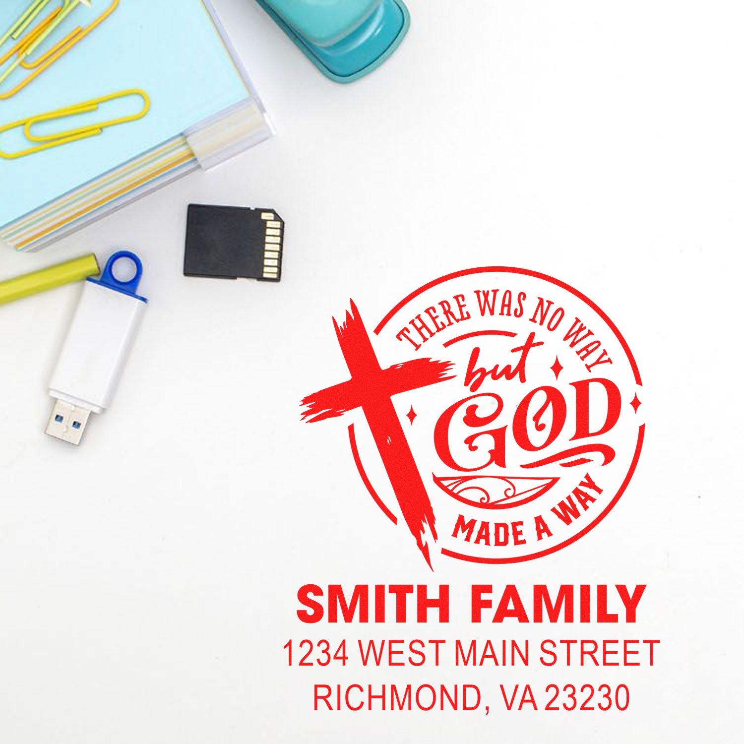 Custom Christian return address rubber stamp with Smith family name and Richmond, VA address for envelopes and mailings.