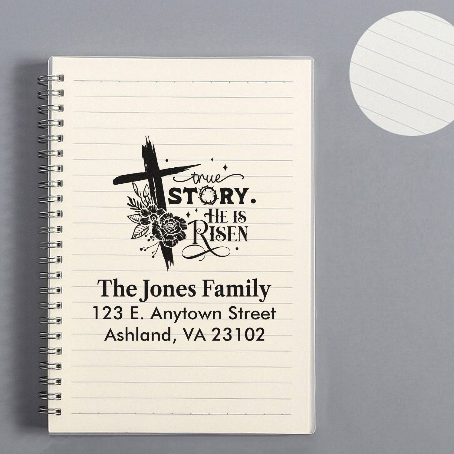 Custom He Is Risen Christian rubber stamp with cross, flowers, and family return address.