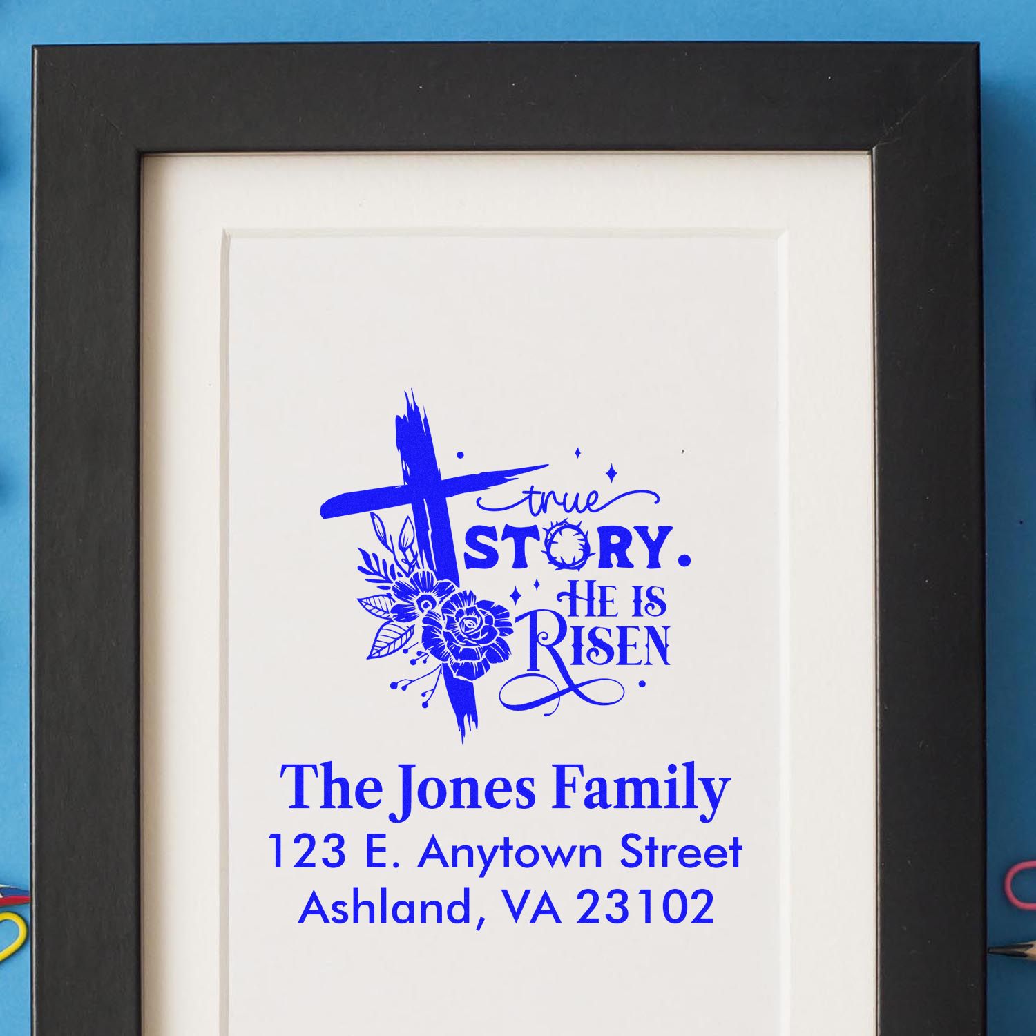 Christian Easter rubber stamp design with cross, floral art, and custom return address for The Jones Family in Ashland, VA.