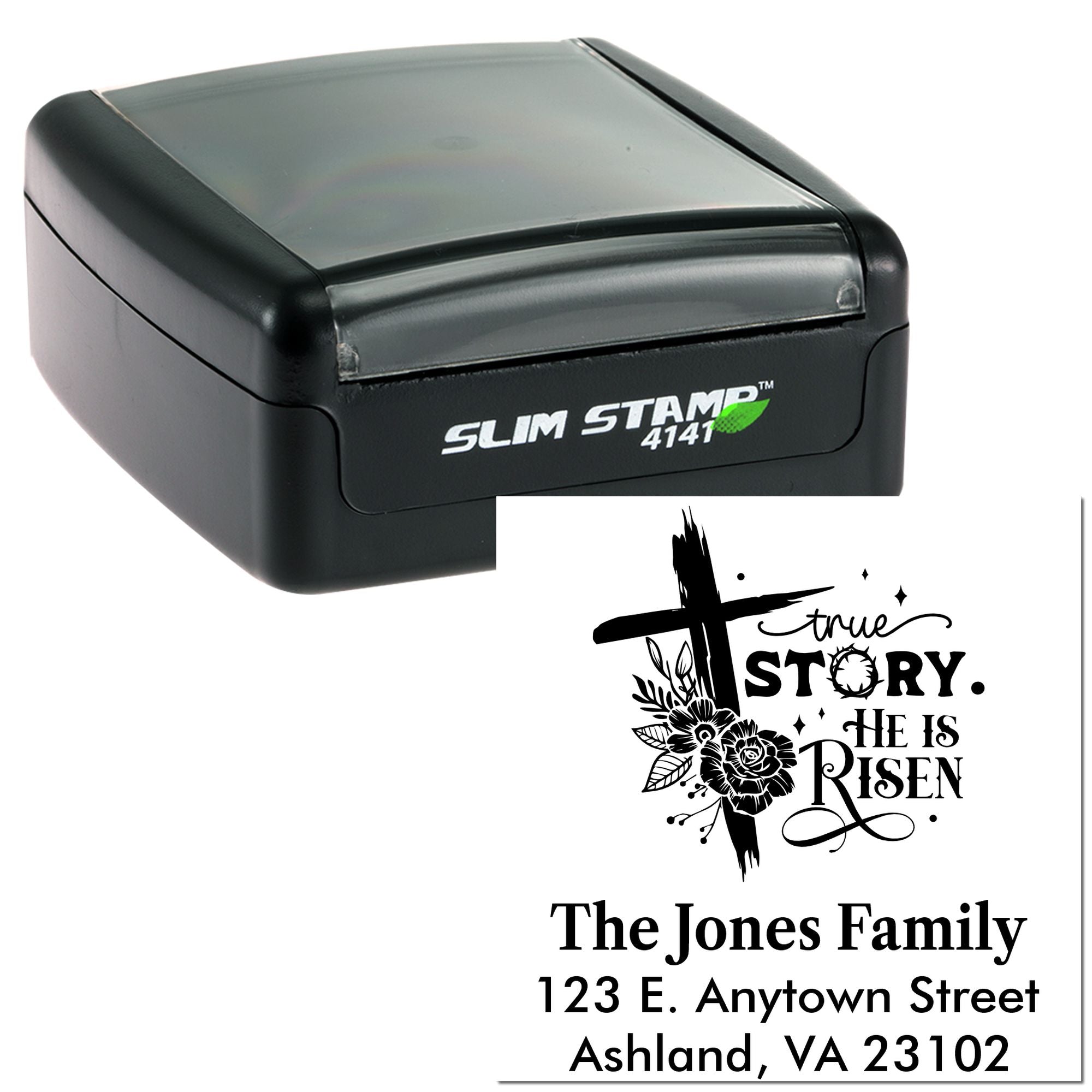 Custom self-inking rubber stamp with Christian True Story, He Is Risen family address design, Slim Stamp 4141.