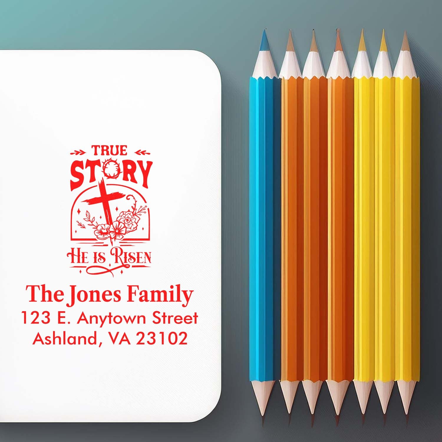Custom Christian return address rubber stamp with He Is Risen design and The Jones Family name and address.