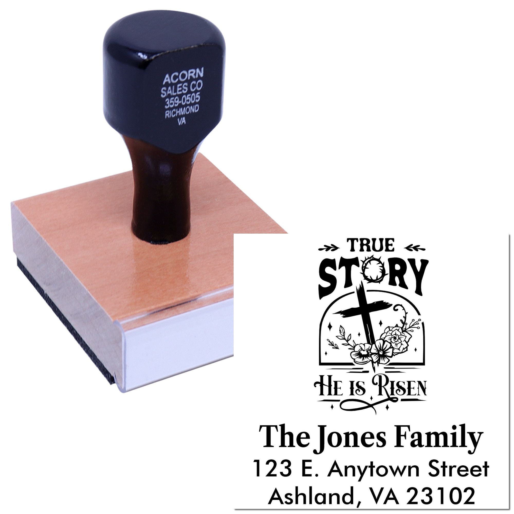 Custom rubber stamp with He Is Risen Christian design and family address for personalized mailing and faith-based stationery.