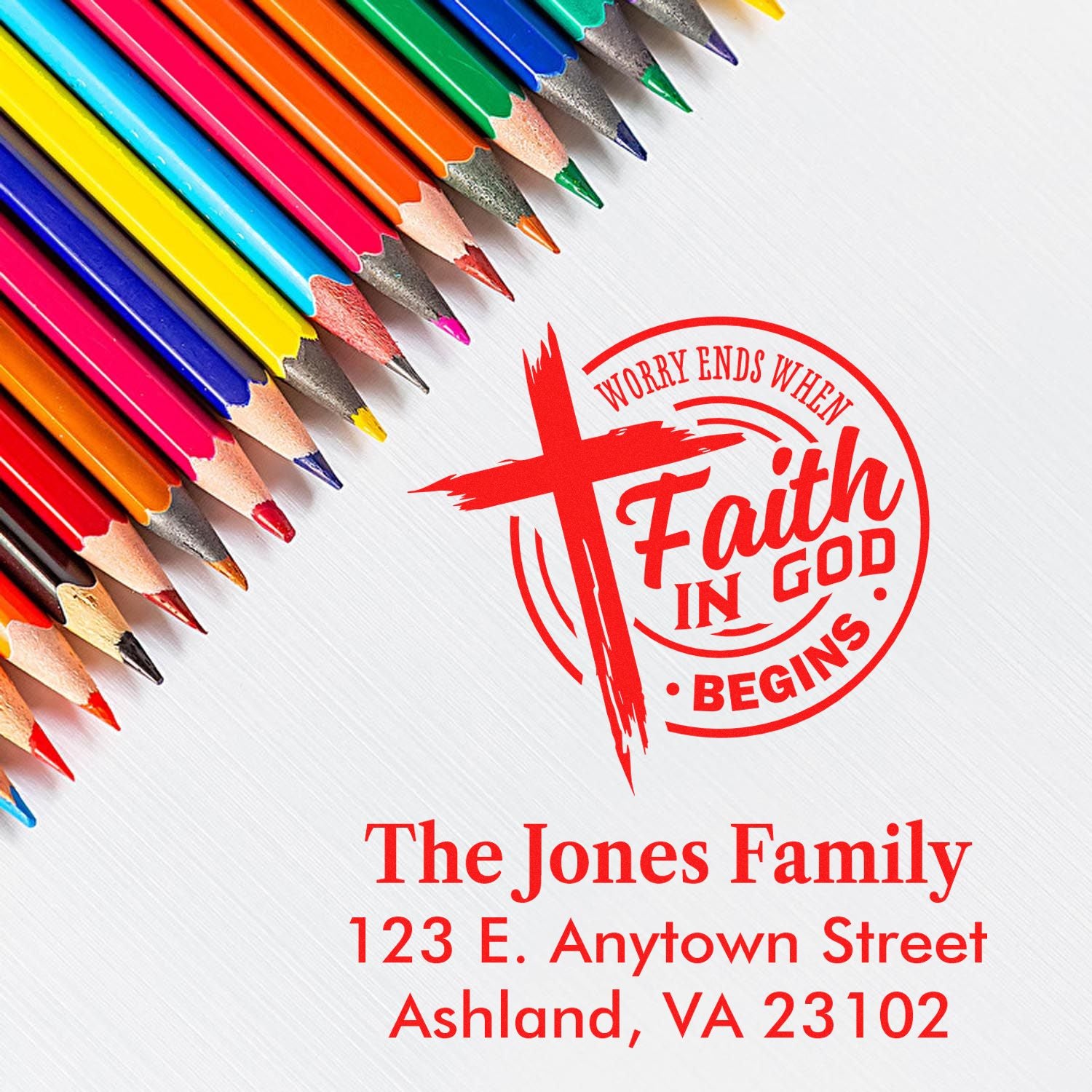 Custom faith rubber stamp with cross, Faith in God slogan, and family name and address for Christian correspondence.