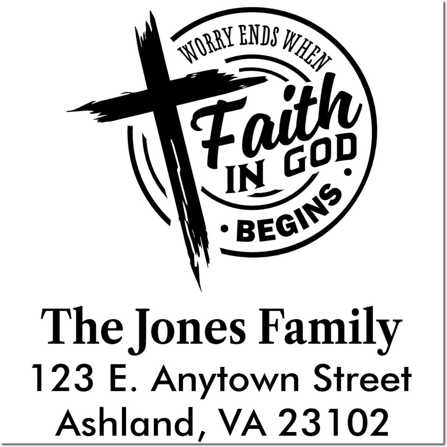 Personalized Christian return address rubber stamp with cross and faith quote for The Jones Family, Ashland, VA 23102
