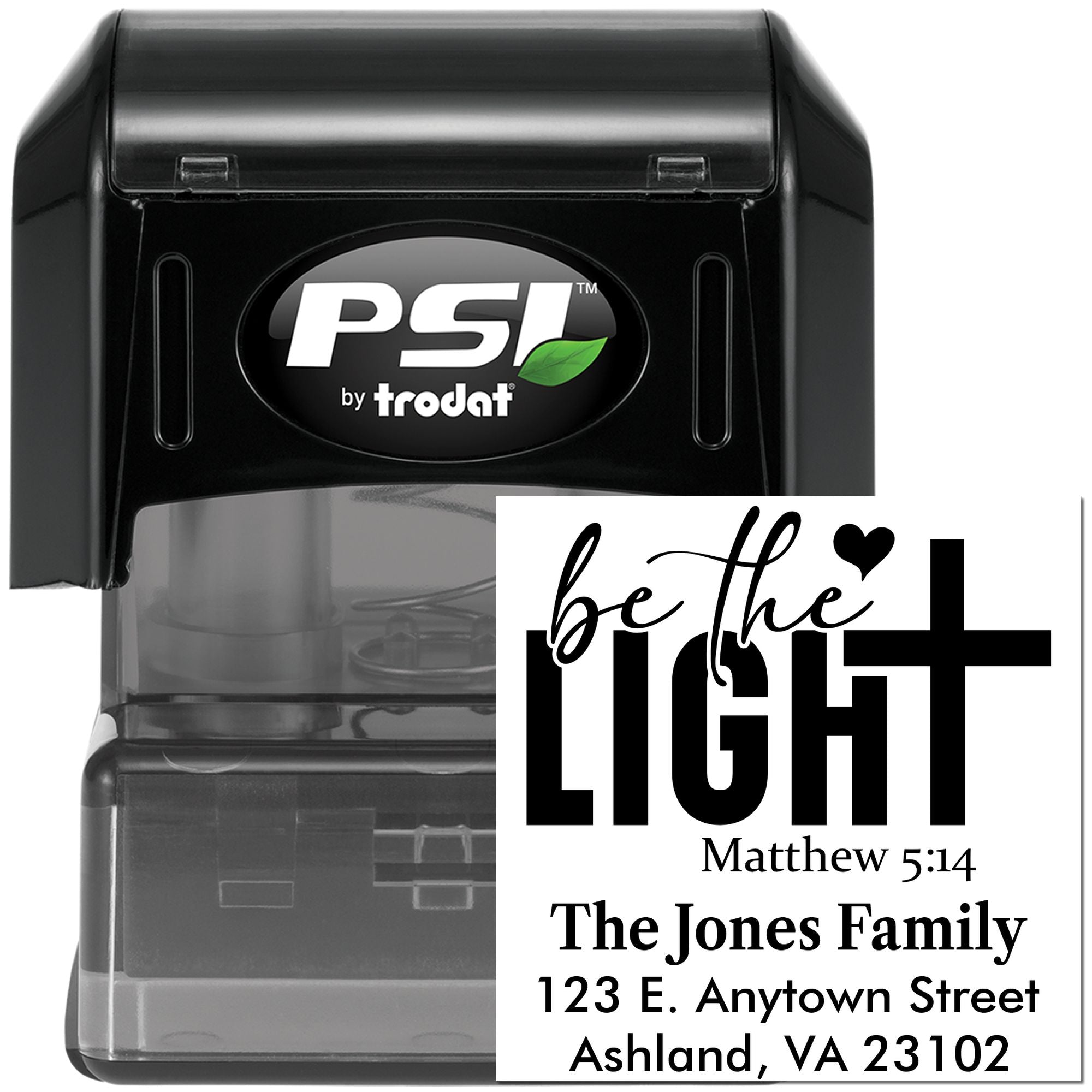 Custom self-inking rubber address stamp with Be the Light Christian verse, family name, and return address for mailings.