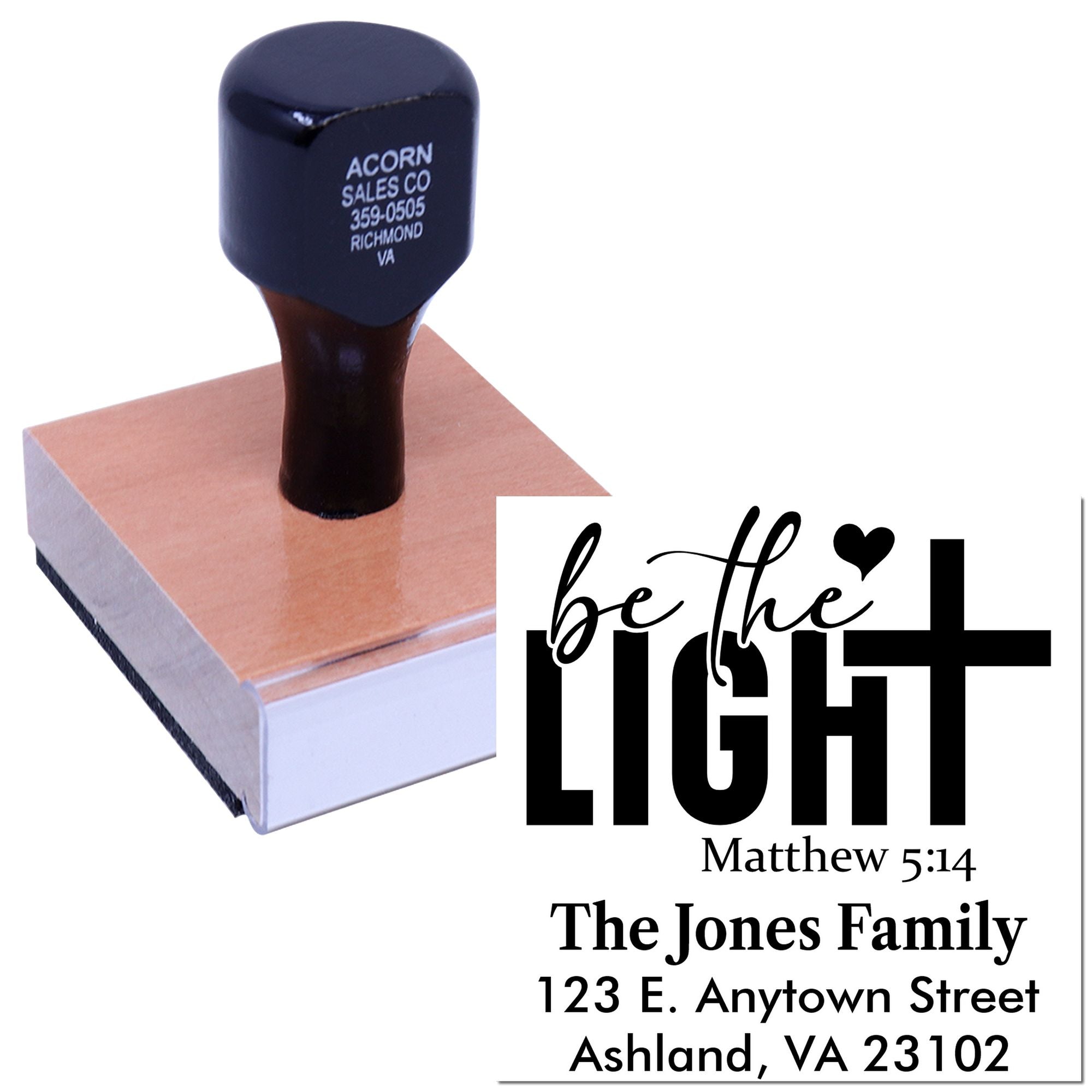 Custom rubber return address stamp with Be the Light Matthew 5:14 design for Christian family stationery.