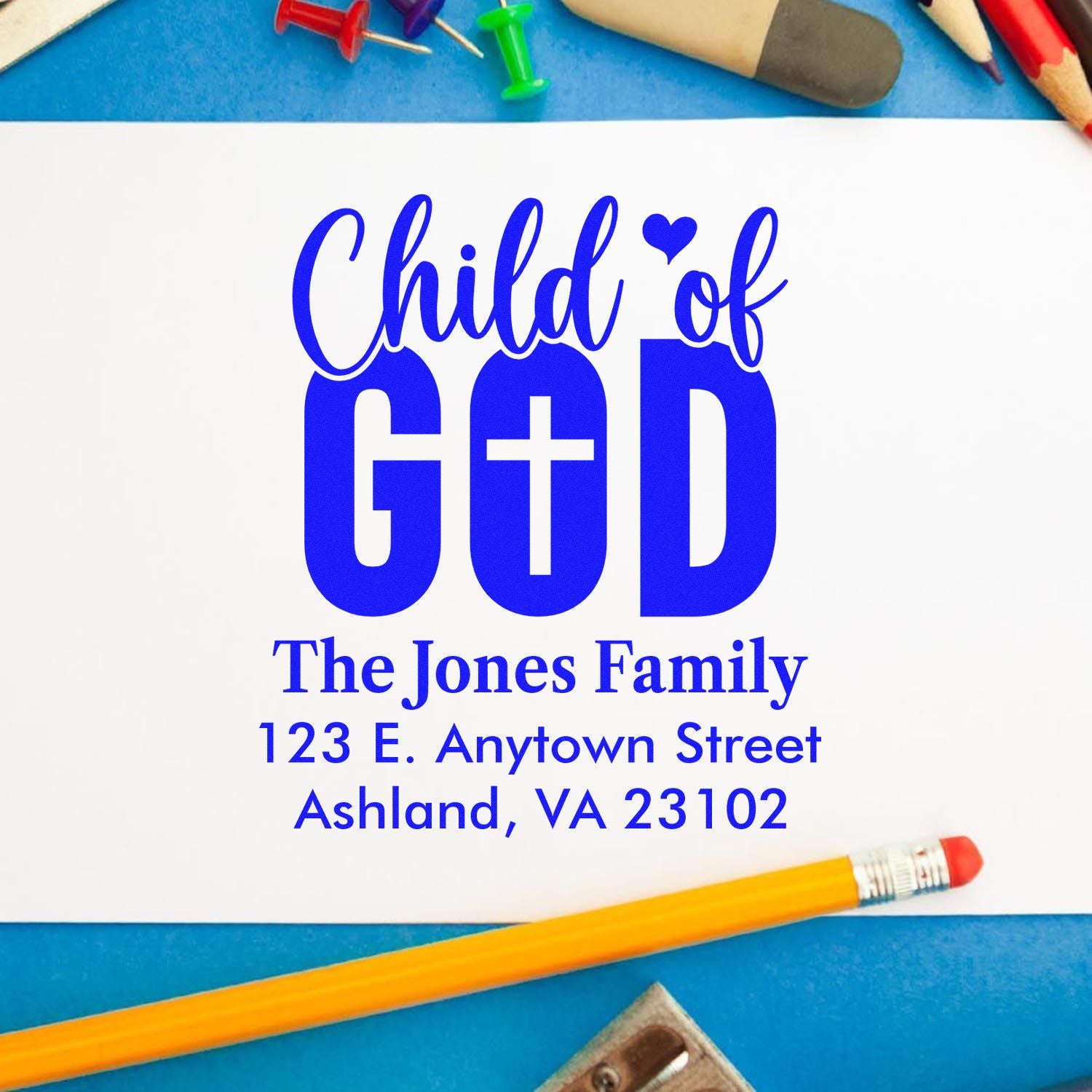 Custom return address rubber stamp with Child of God design for The Jones Family, Ashland, VA 23102.