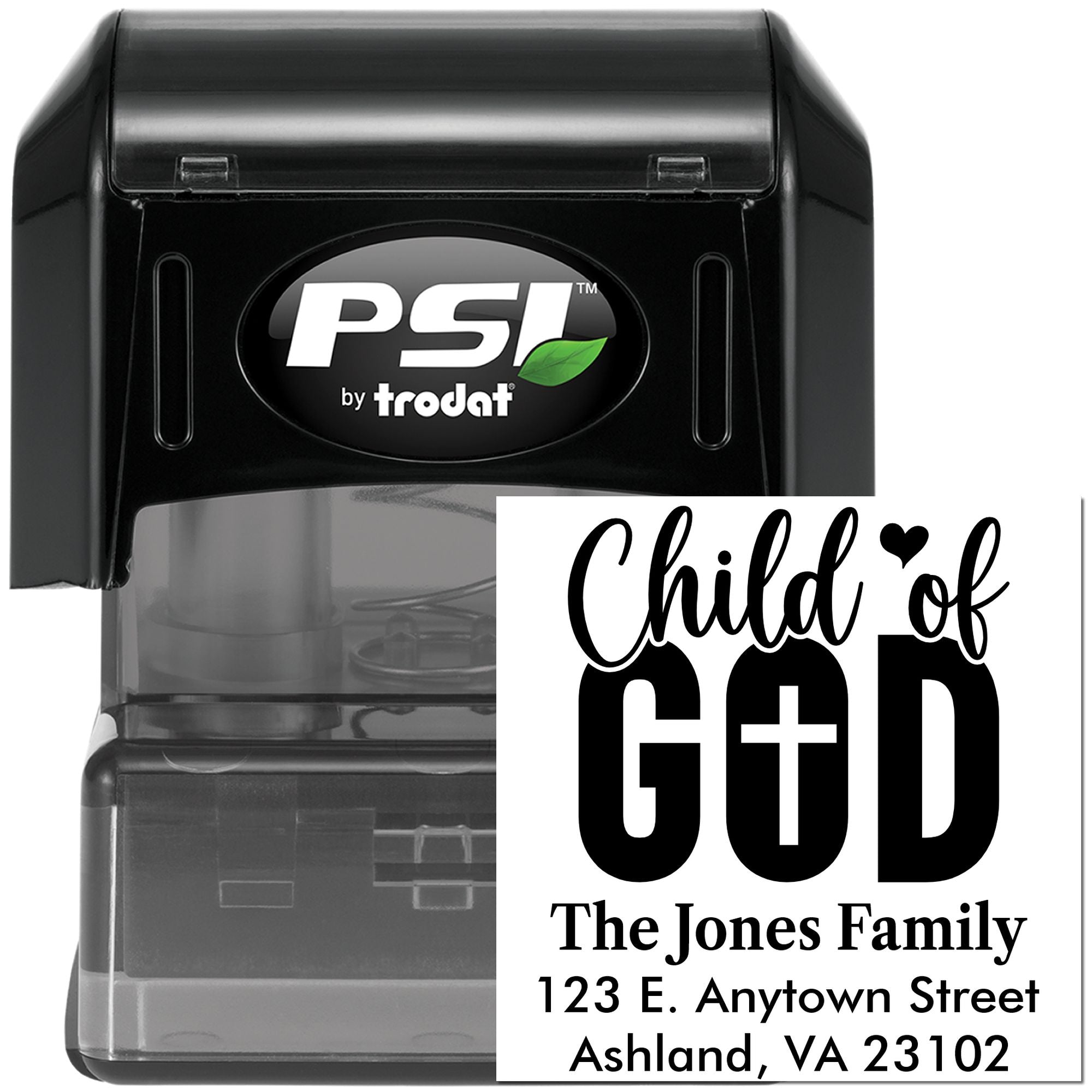 PSI by Trodat self-inking rubber stamp with custom Child of God return address design for The Jones Family.