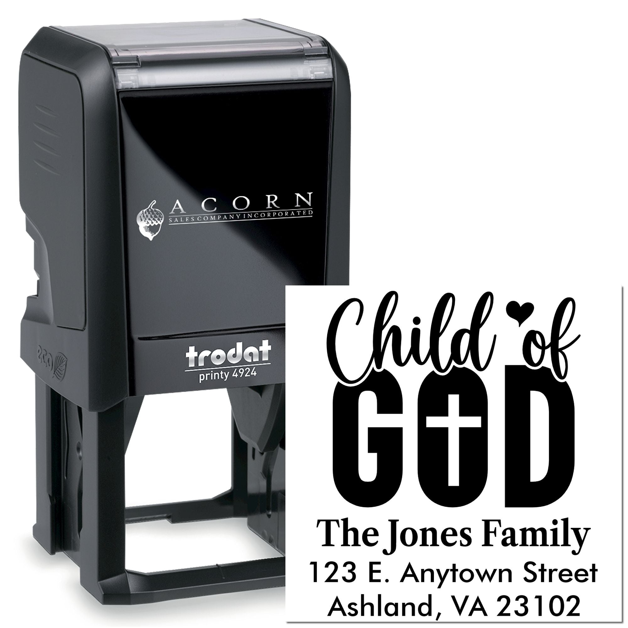 Custom self-inking rubber stamp with Child of God family name and address, Trodat Printy 4924.